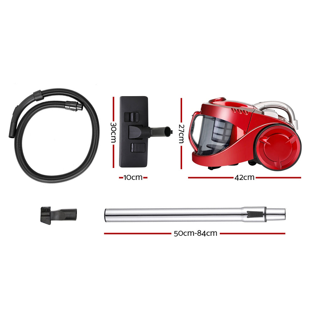 Red bagless vacuum cleaner with mop pads and vacuum attachment body