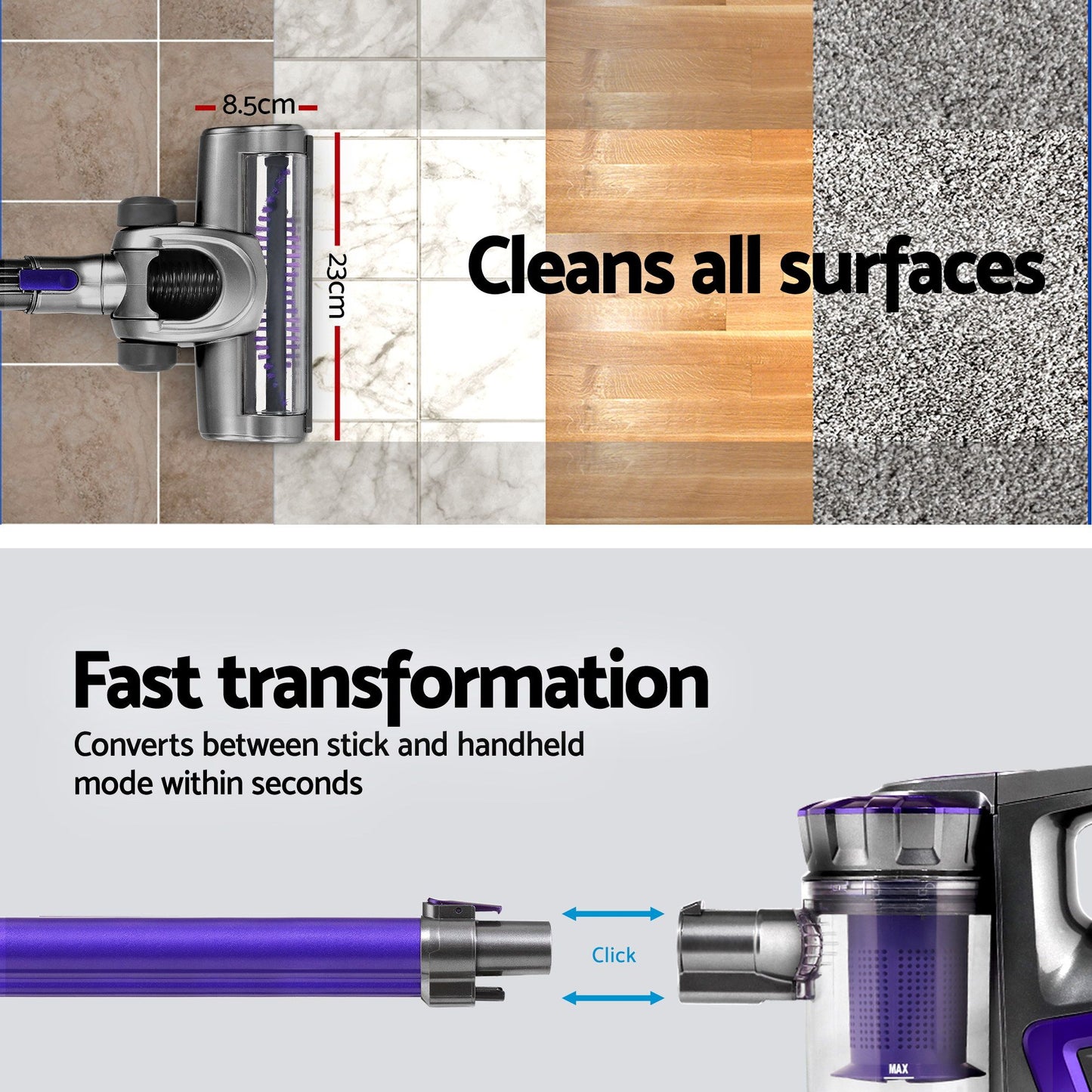 Cordless Handheld Stick Vacuum Cleaner, 150W, 2‑Speed, Purple/Grey