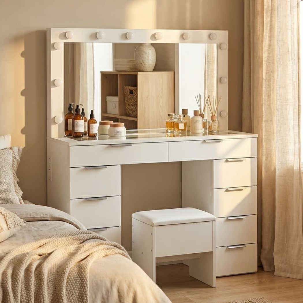 Levede Dressing Table LED Makeup Mirror Stool Set Vanity Desk Cabinet 10 Drawers