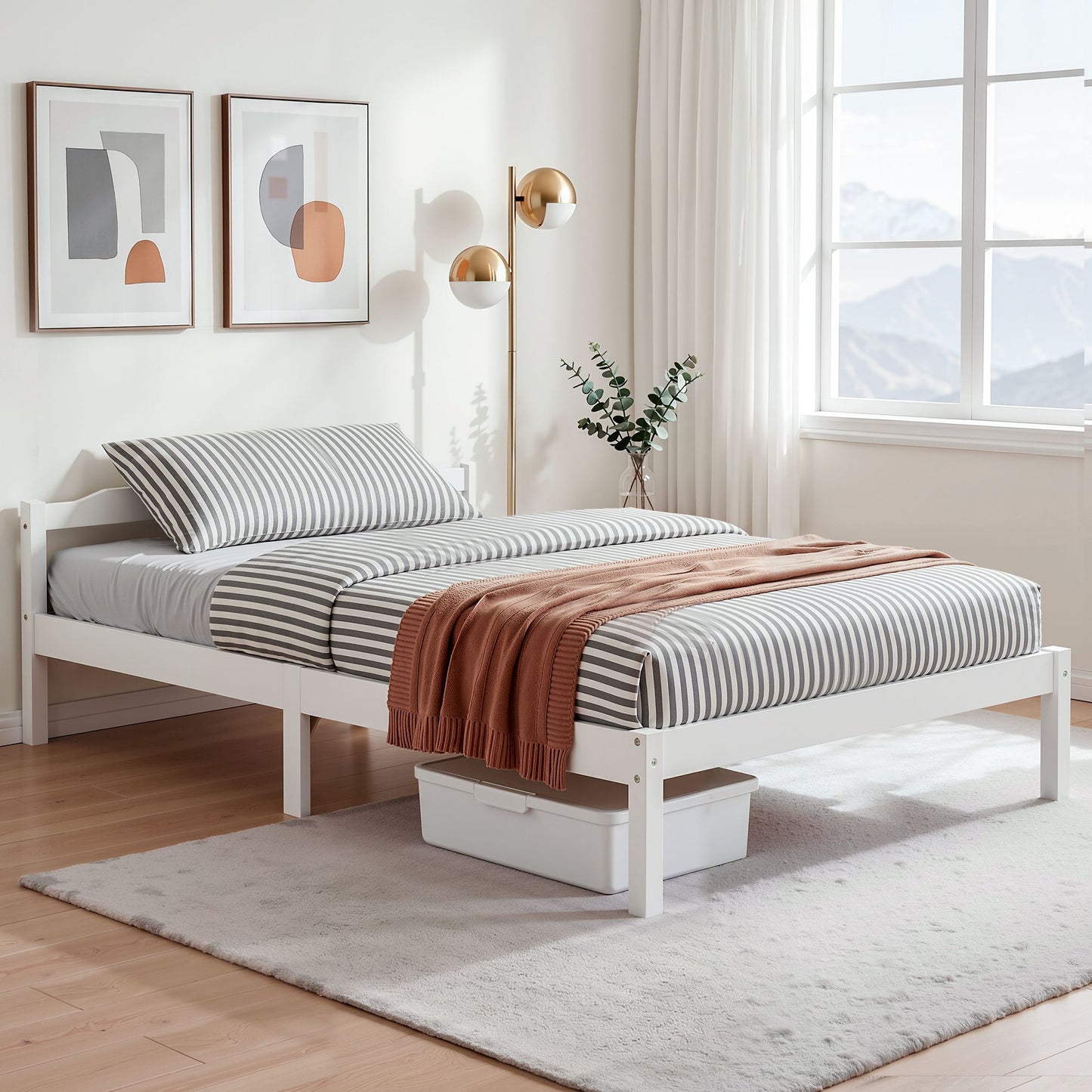 Double white wooden bed frame