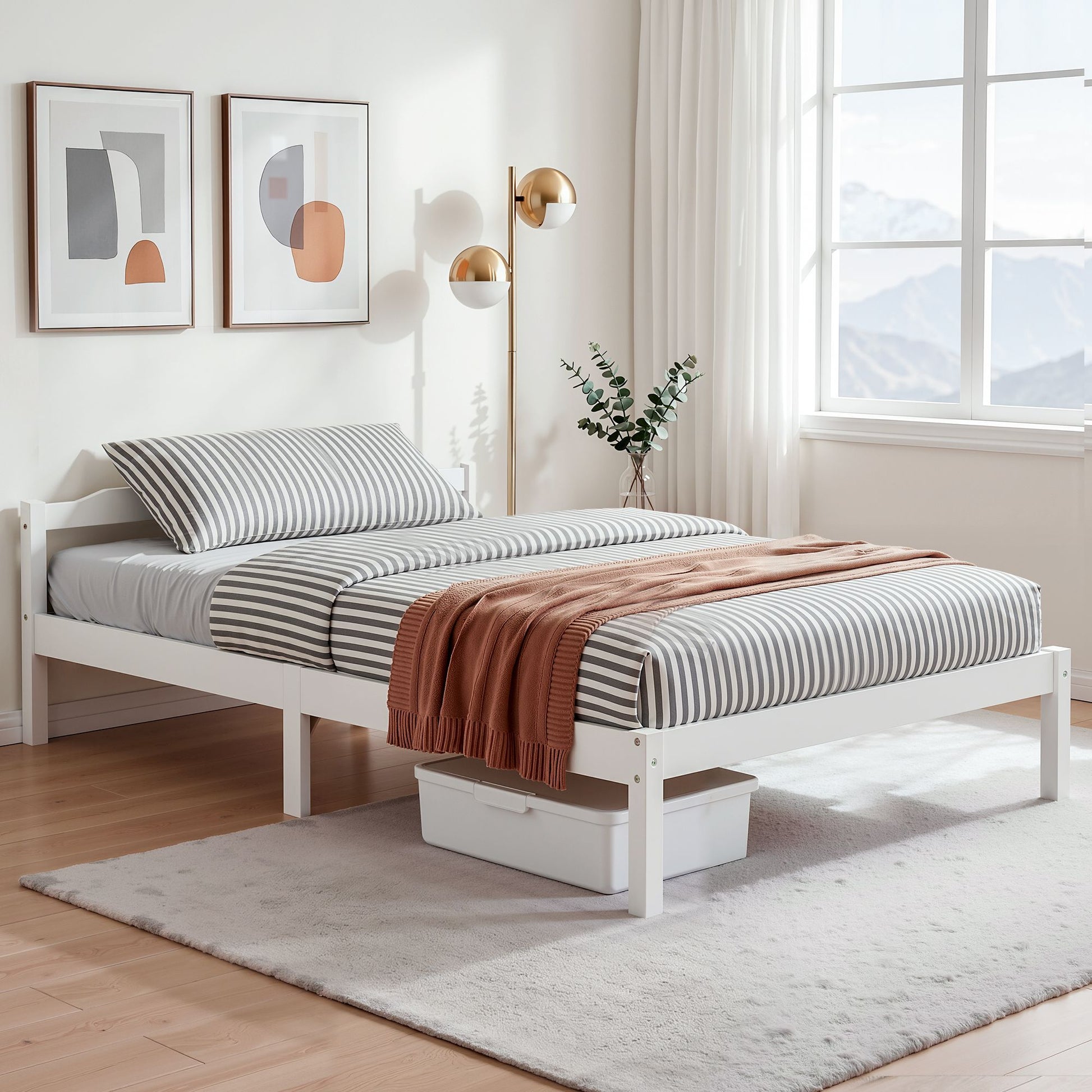 Double white wooden bed frame