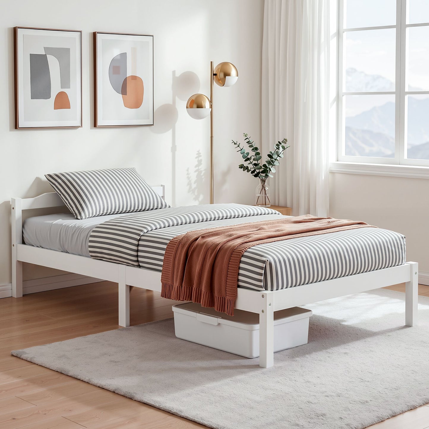 White wooden timber bed frame with mattress base king single