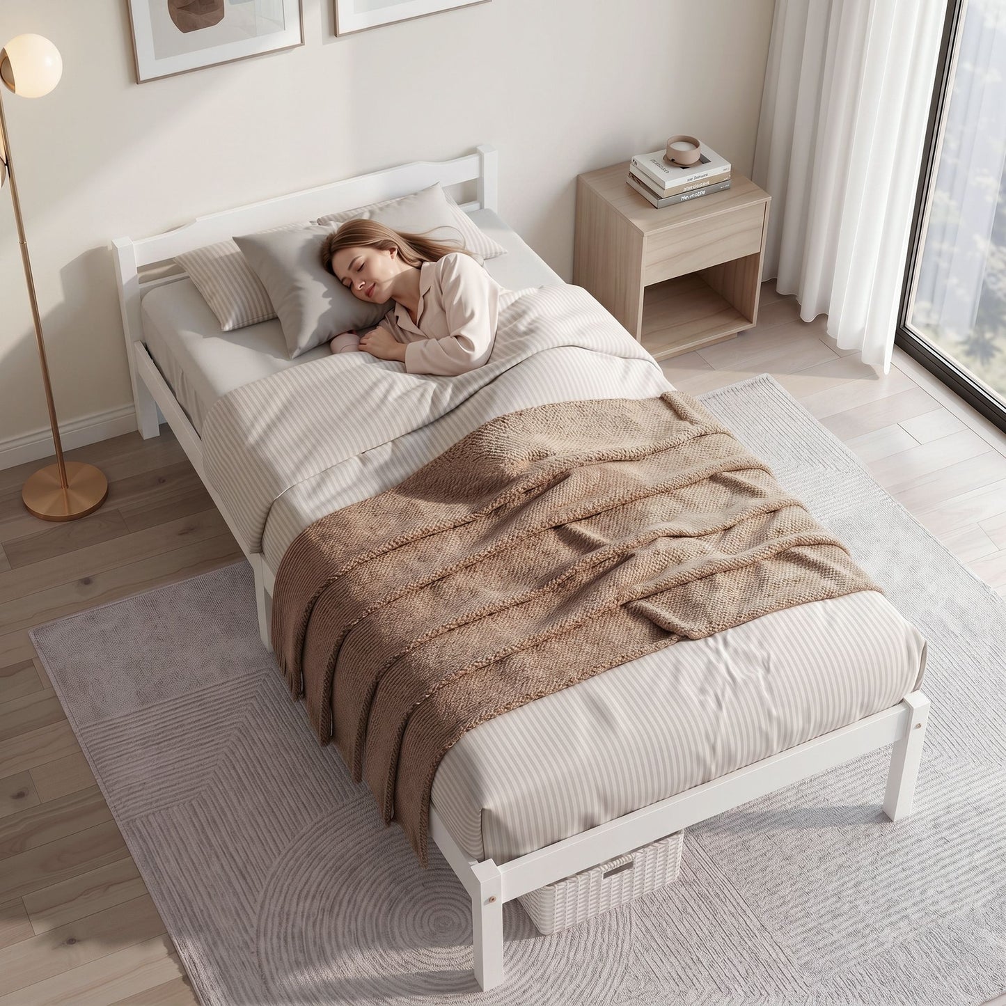 White wooden timber bed frame with king single size mattress