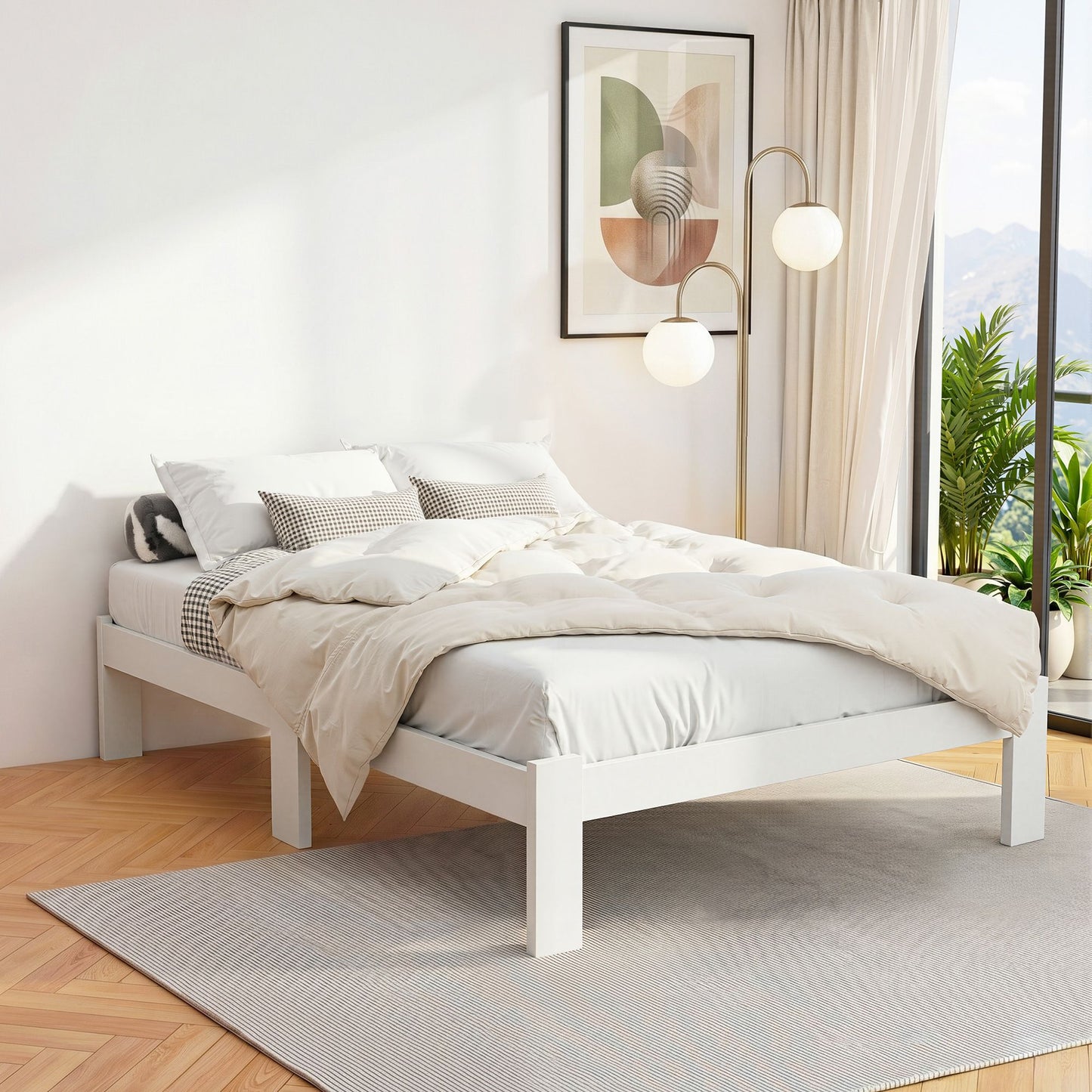 Double white wooden bed frame