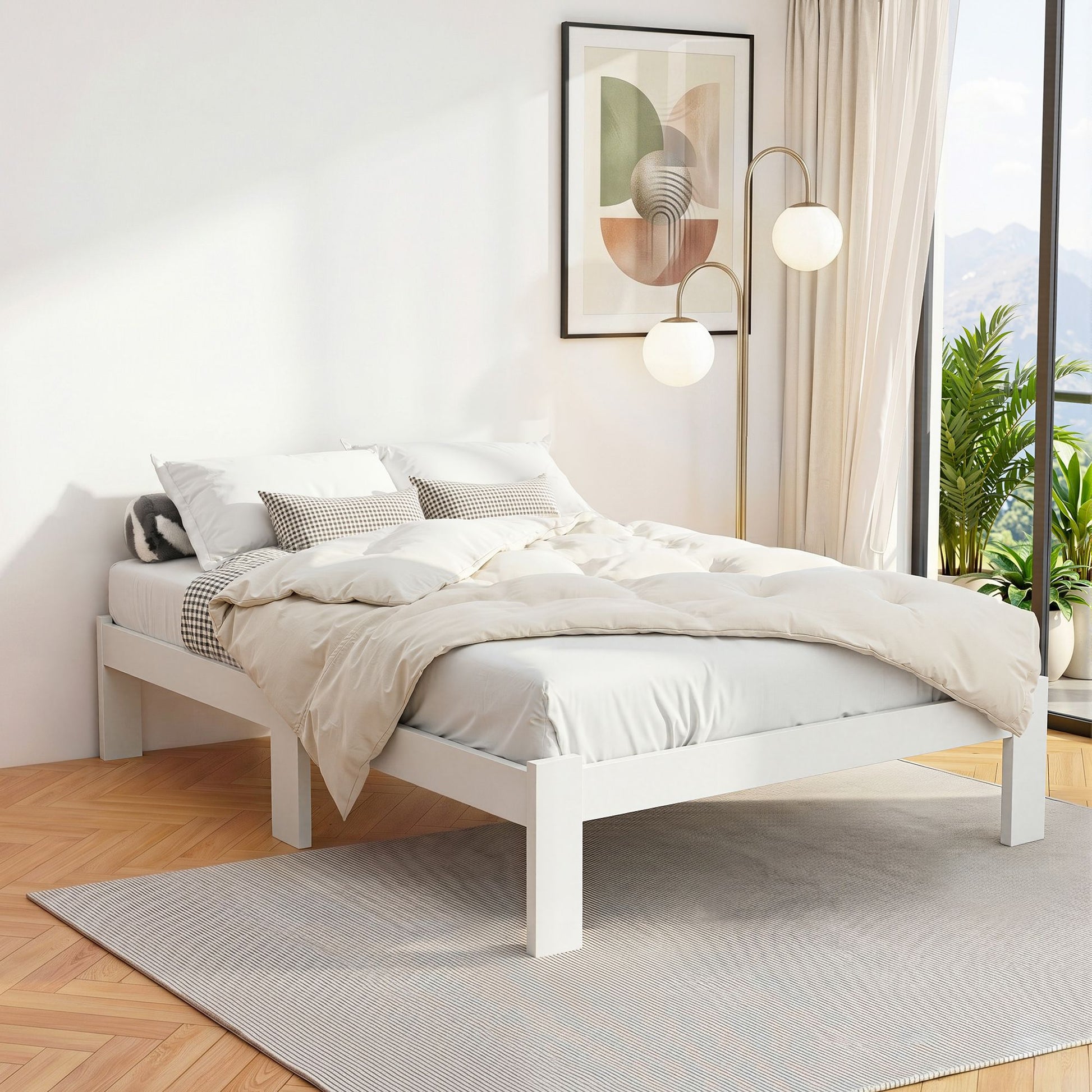 Double white wooden bed frame