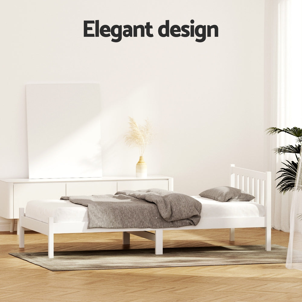 White wooden bed frame with single size bedroom mattress