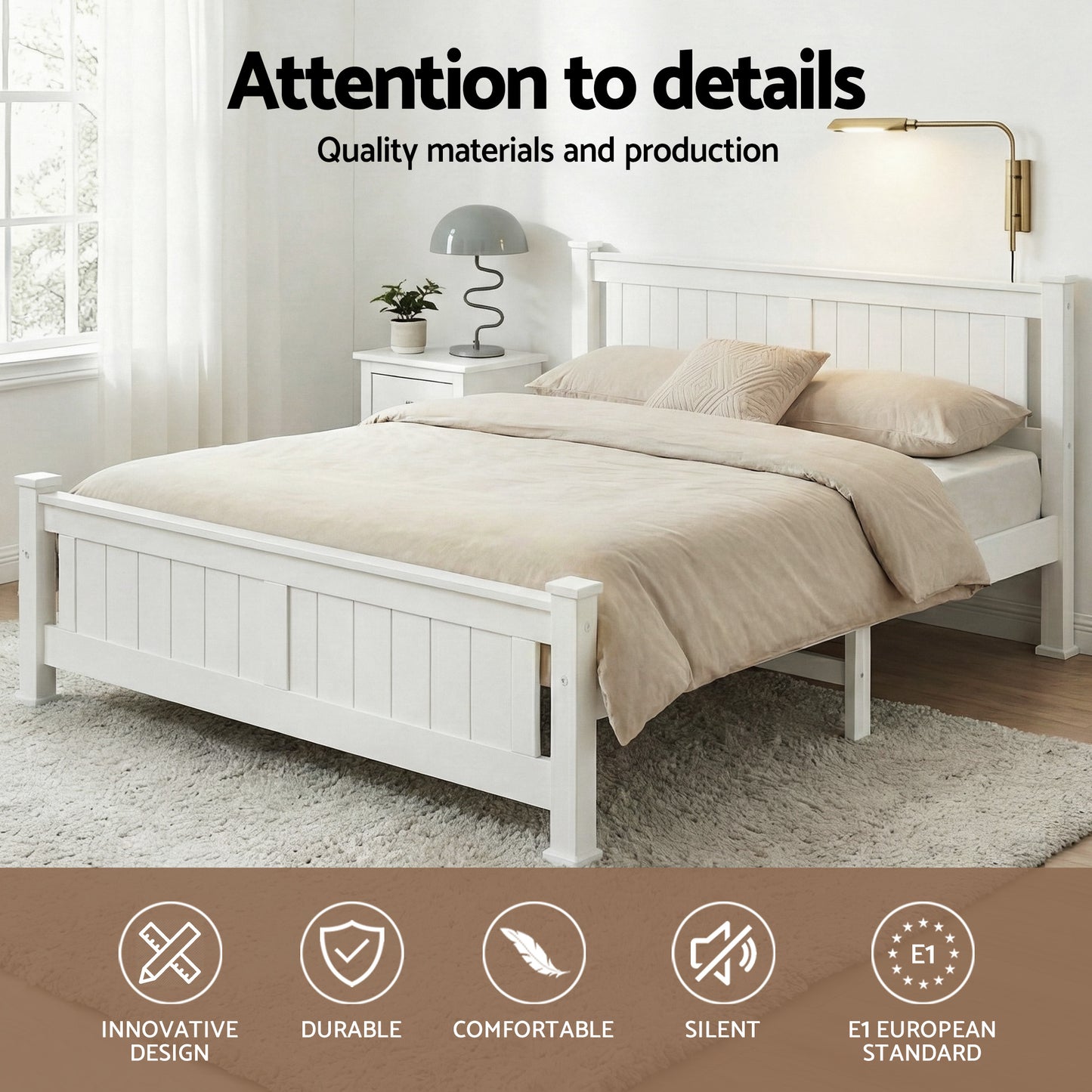 Bed Frame Double Size Wooden - White