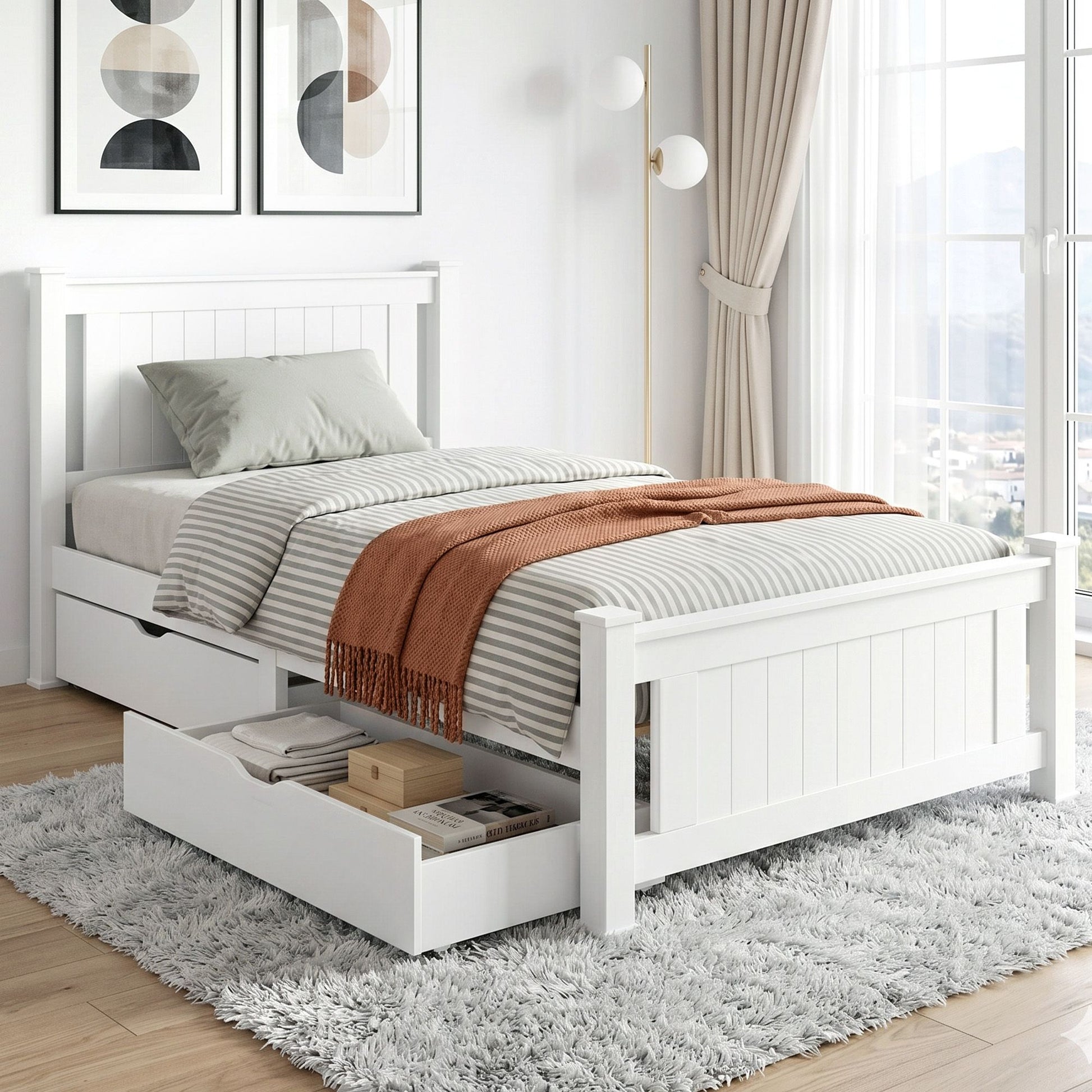 White wooden 2 bed frame with king single size platform