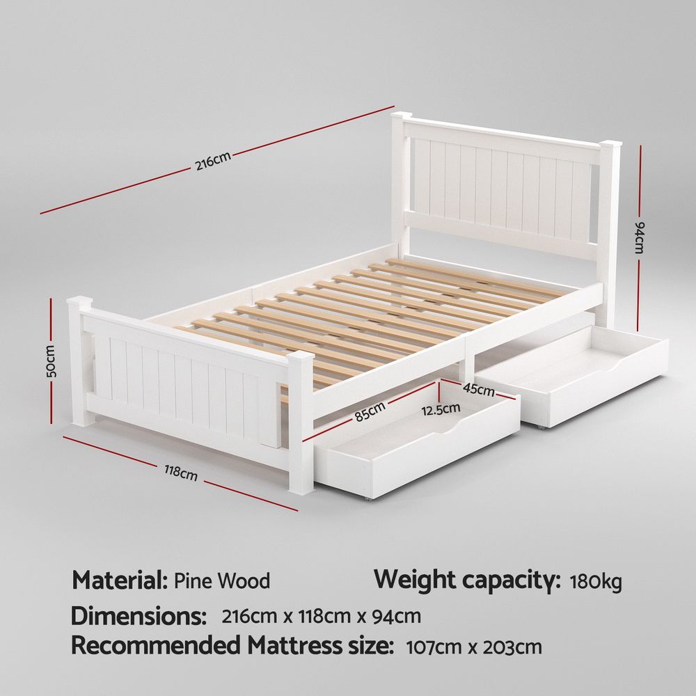 White wooden 2 bed frame for bedroom mattress support