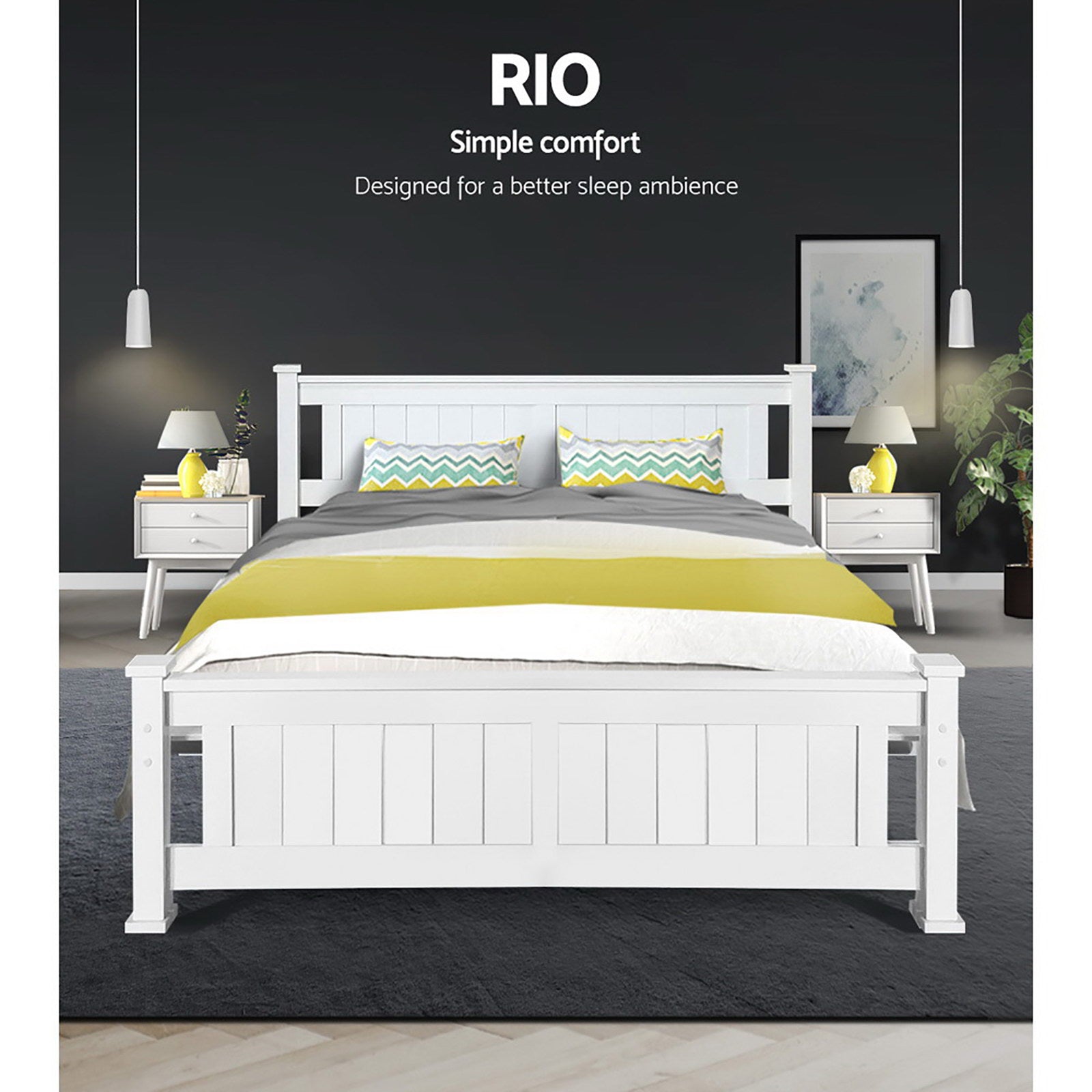 Wooden bed queen size with pack contents and accessory layout