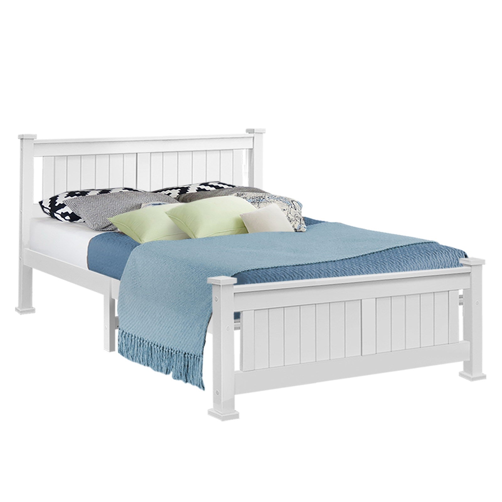 Wooden bed queen size with size cues and product form