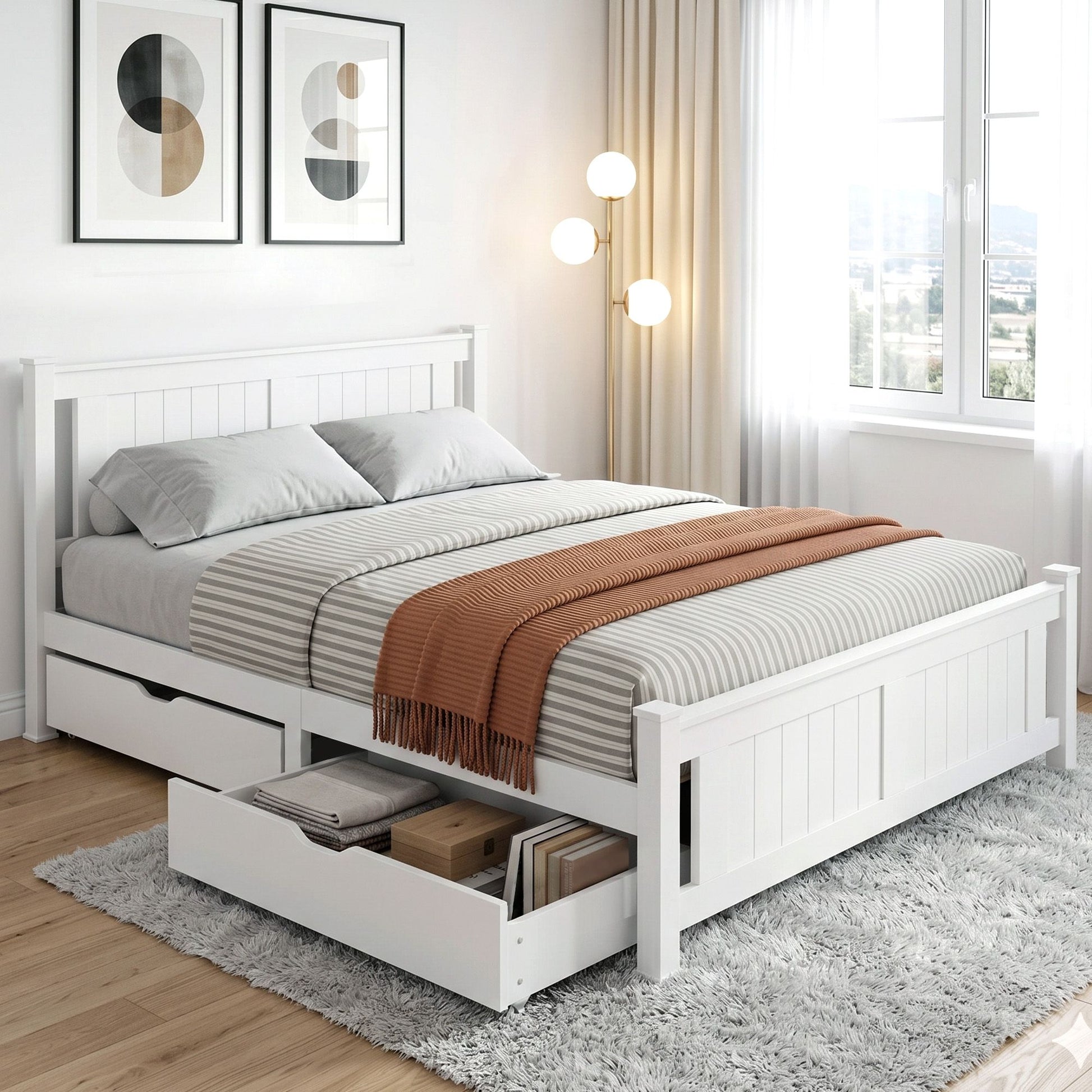 Queen white wooden storage bed frame
