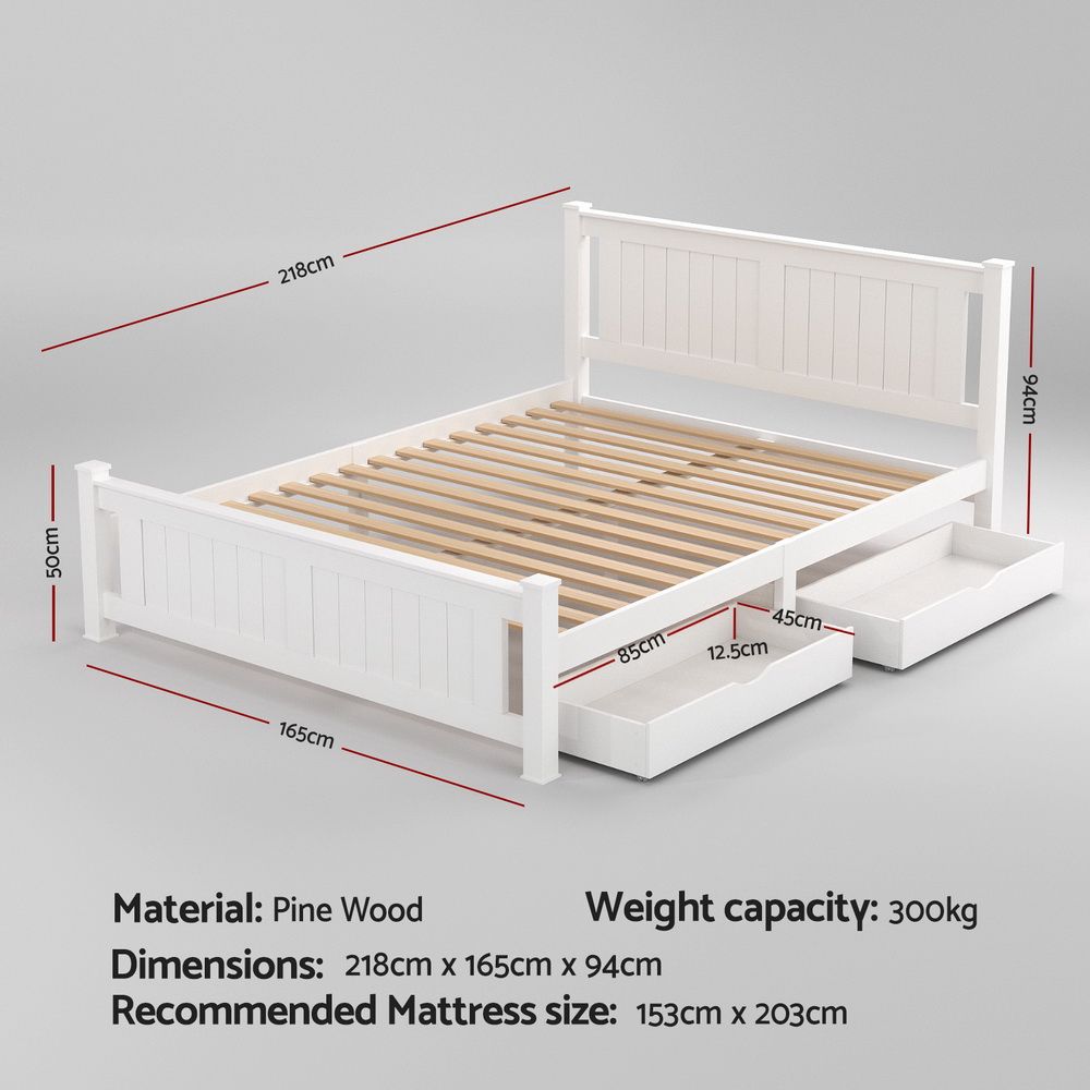 White wooden bed queen size with colour and construction cues