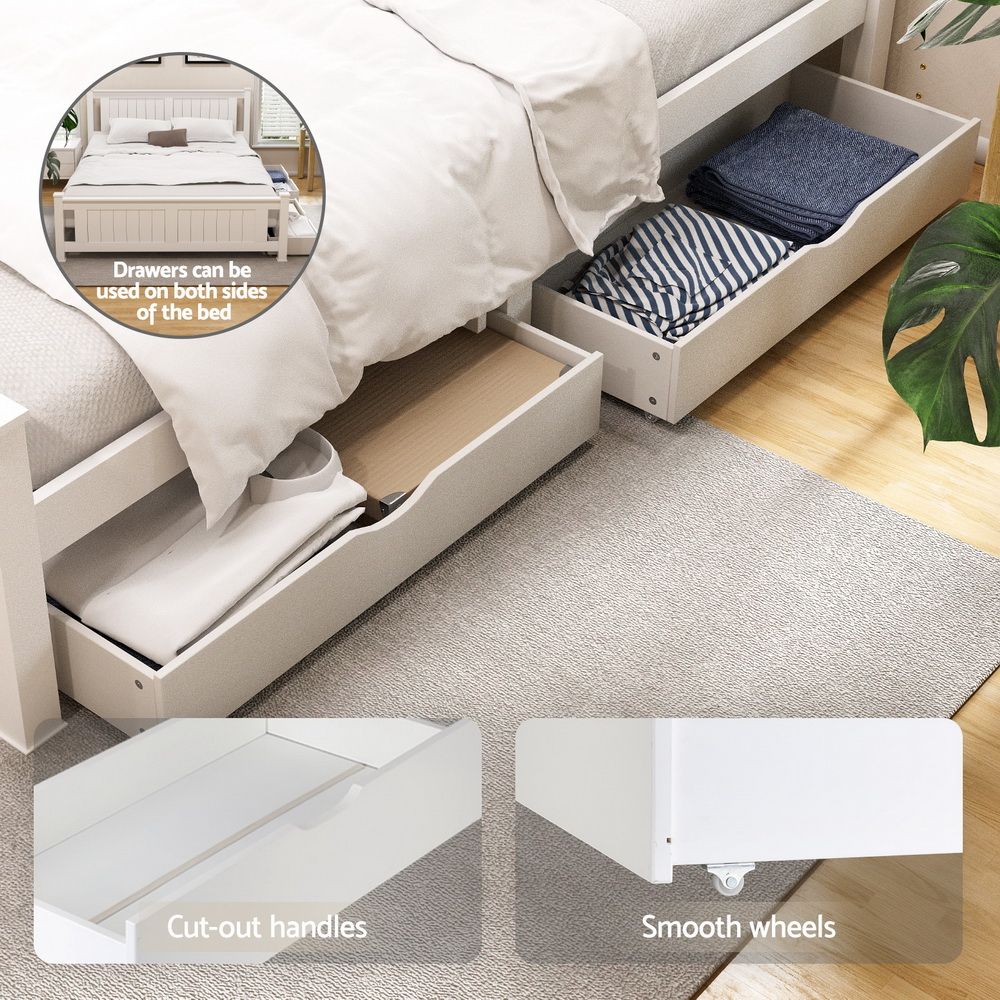 White wooden bed queen size with display setup and product form