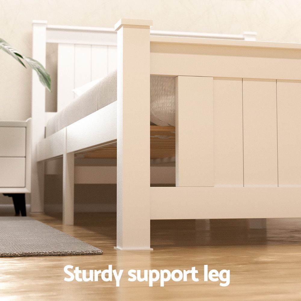 White wooden bed queen size with tabletop context and item shape