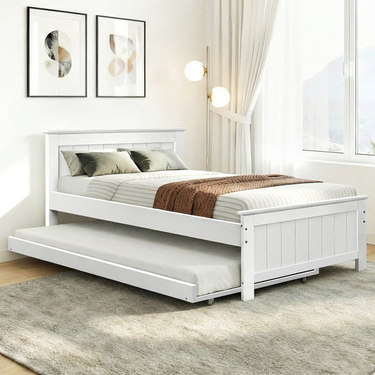 Bed Frame Wooden Trundle Timber Slat King Single Size - White