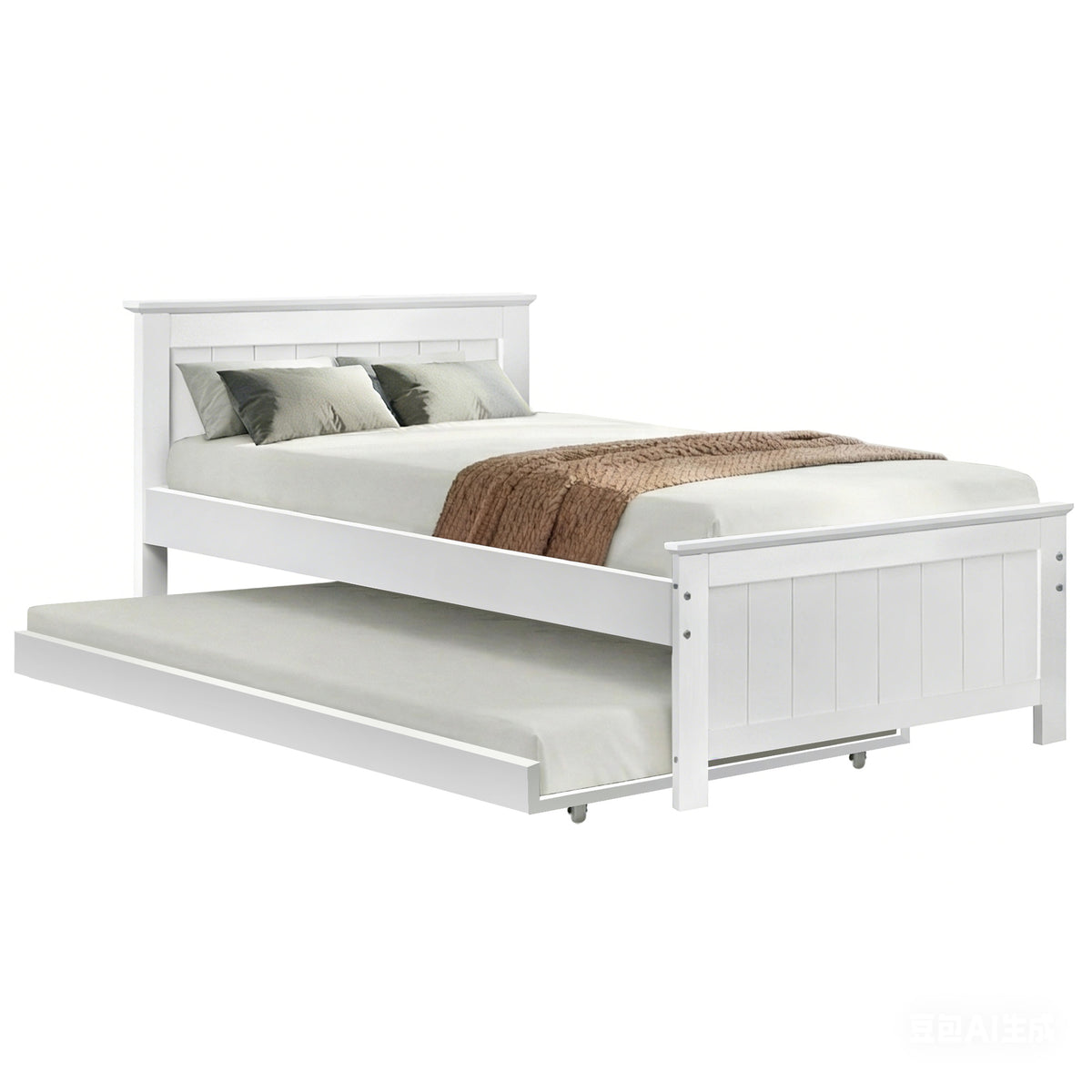 Bed Frame Wooden Trundle Timber Slat King Single Size - White