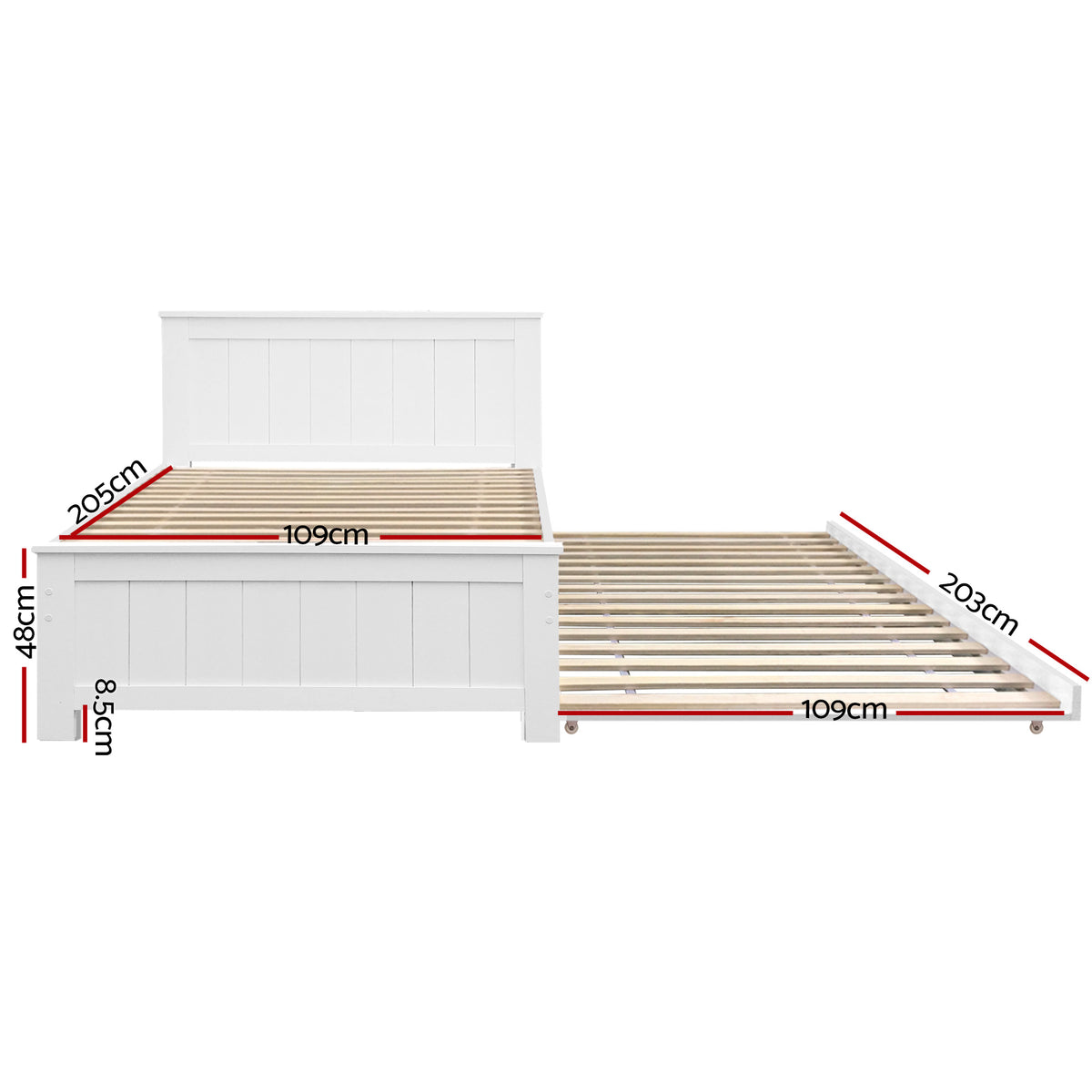 Bed Frame Wooden Trundle Timber Slat King Single Size - White