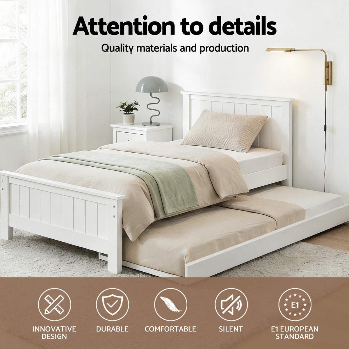 Bed Frame Wooden Trundle Timber Slat King Single Size - White