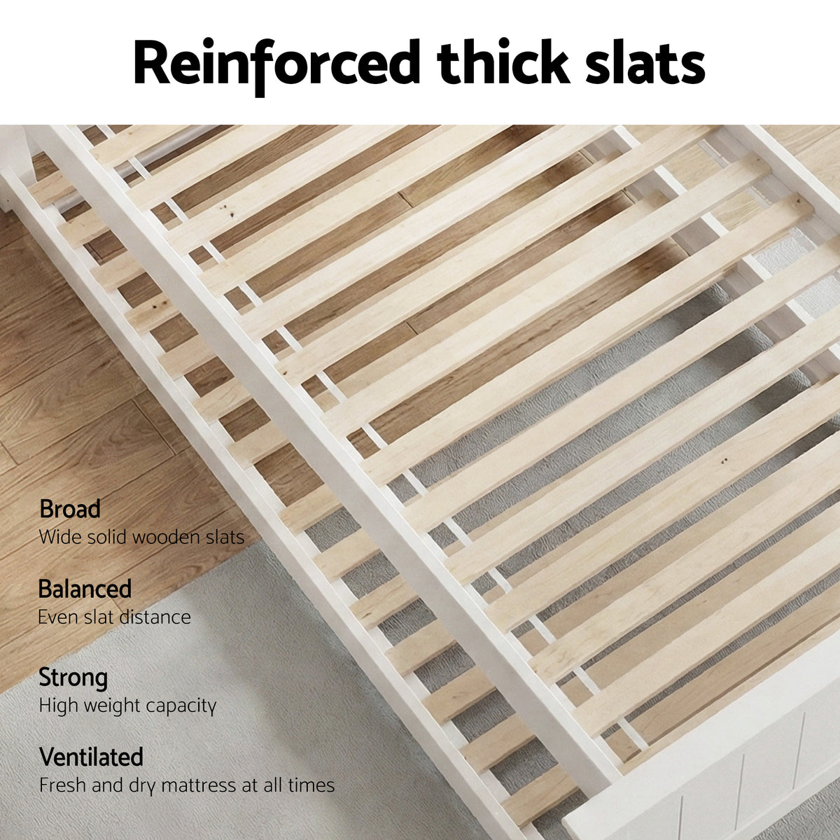 Bed Frame Wooden Trundle Timber Slat King Single Size - White