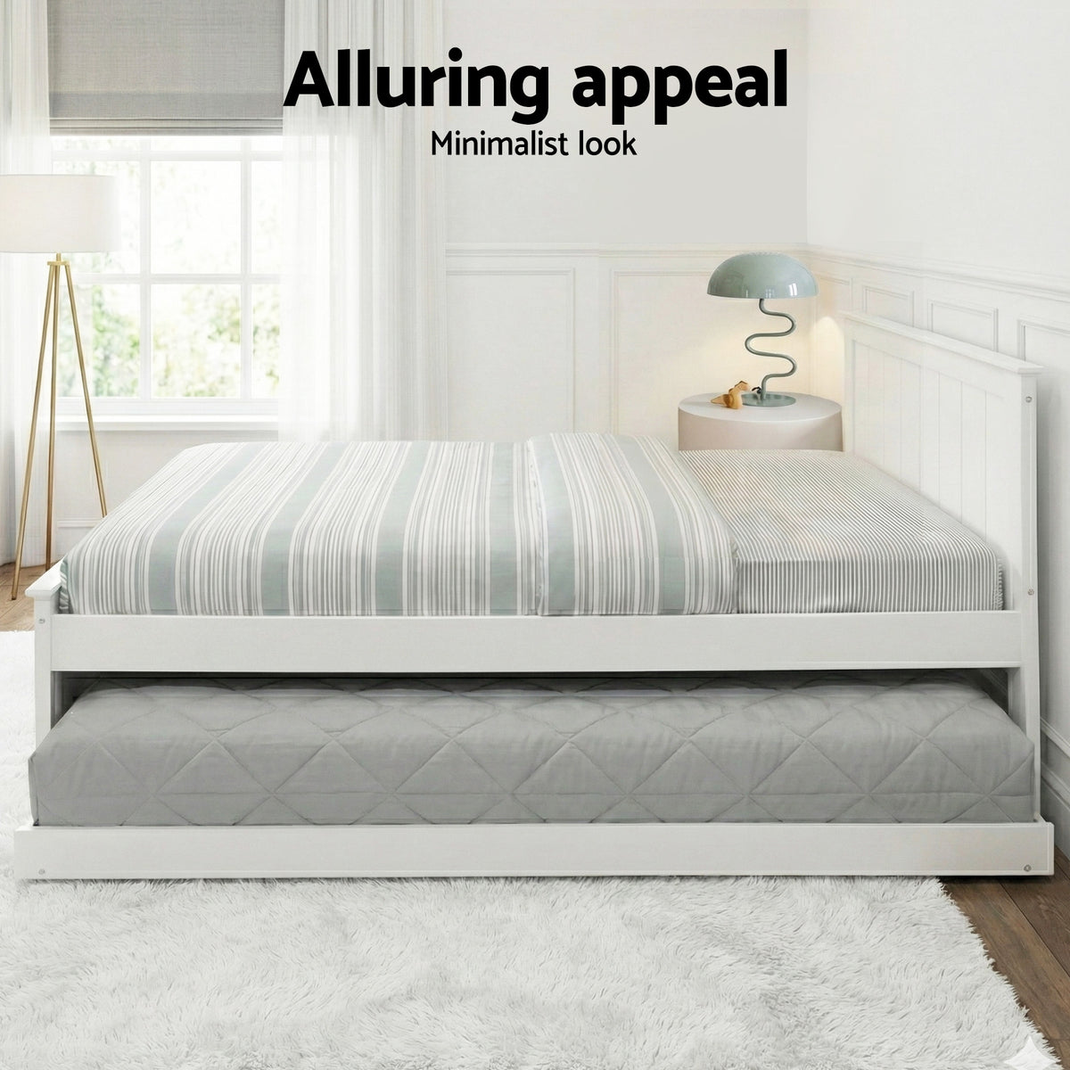 Bed Frame Wooden Trundle Timber Slat King Single Size - White