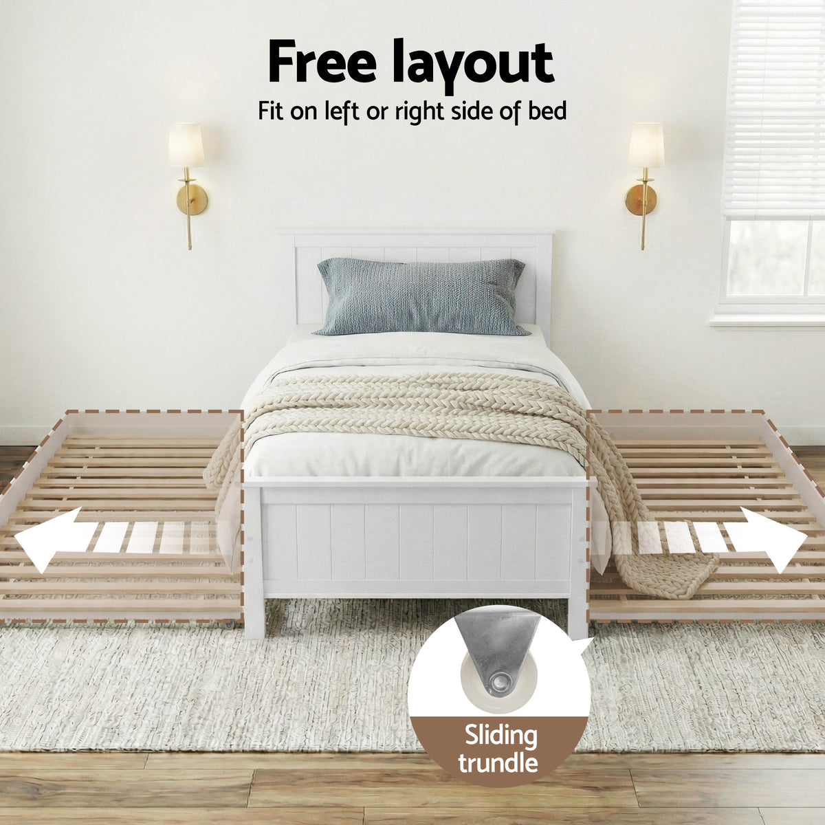 Bed Frame Wooden Trundle Timber Slat King Single Size - White