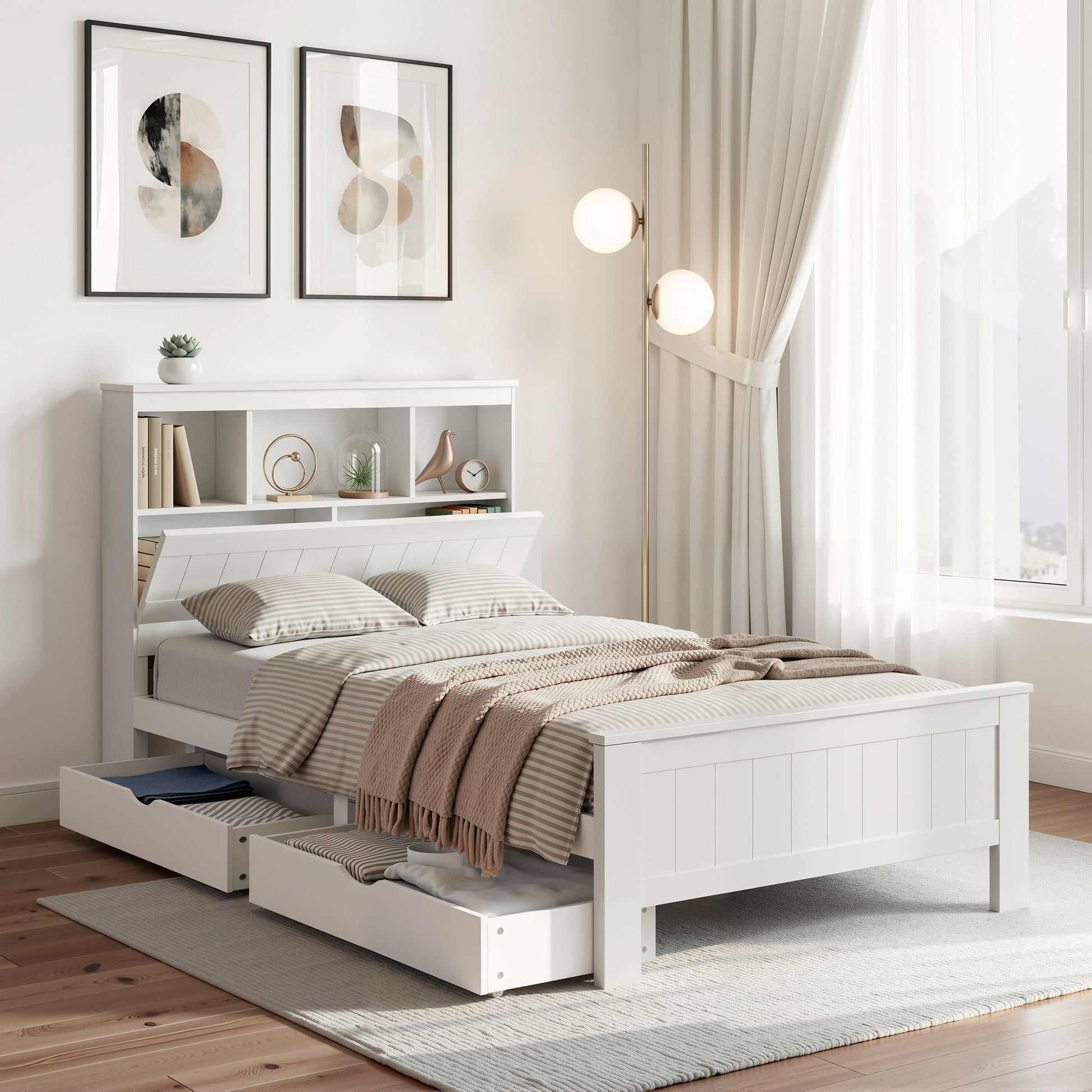 King single white wooden storage bed frame