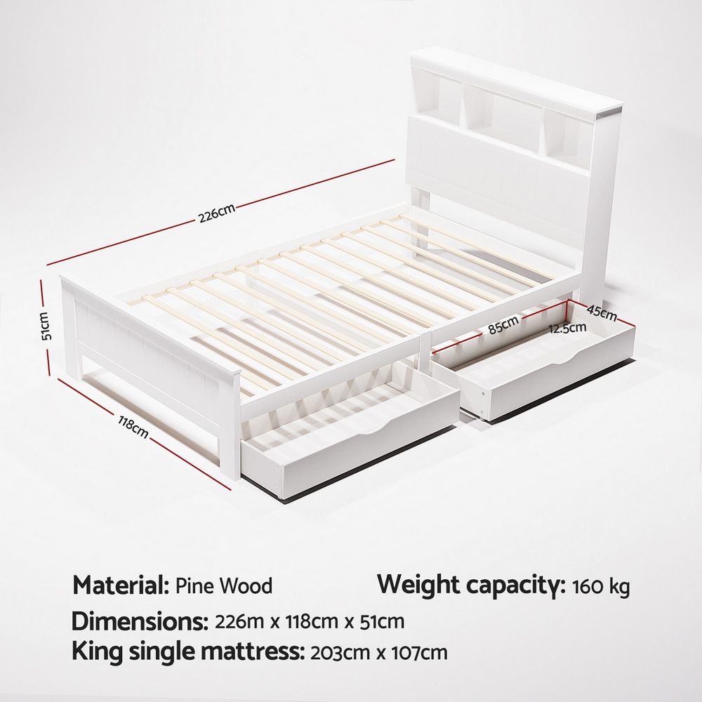 Bed Frame King Single Size with Wooden 2 Storage Drawers White