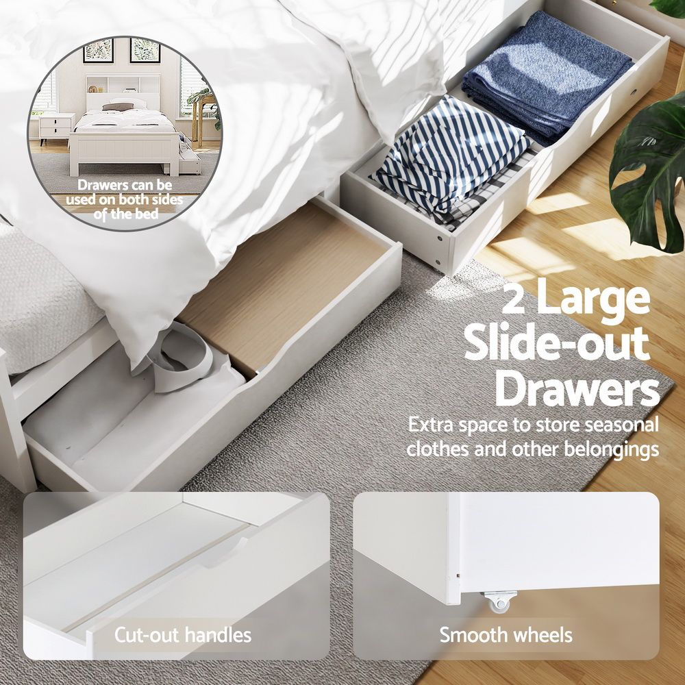 King Single Size Wooden 2 Storage Drawers Bed Frame