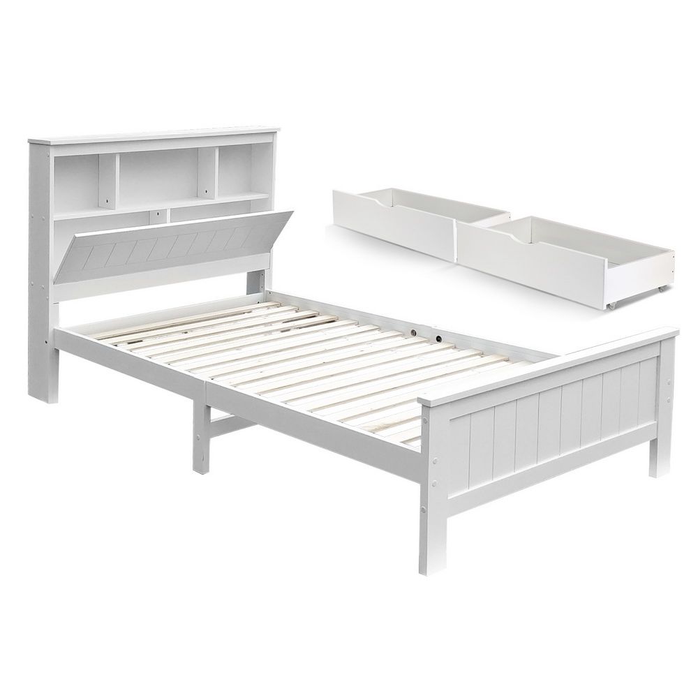 Single Size Wooden 2 Storage Drawers White Draw Bed Frame King