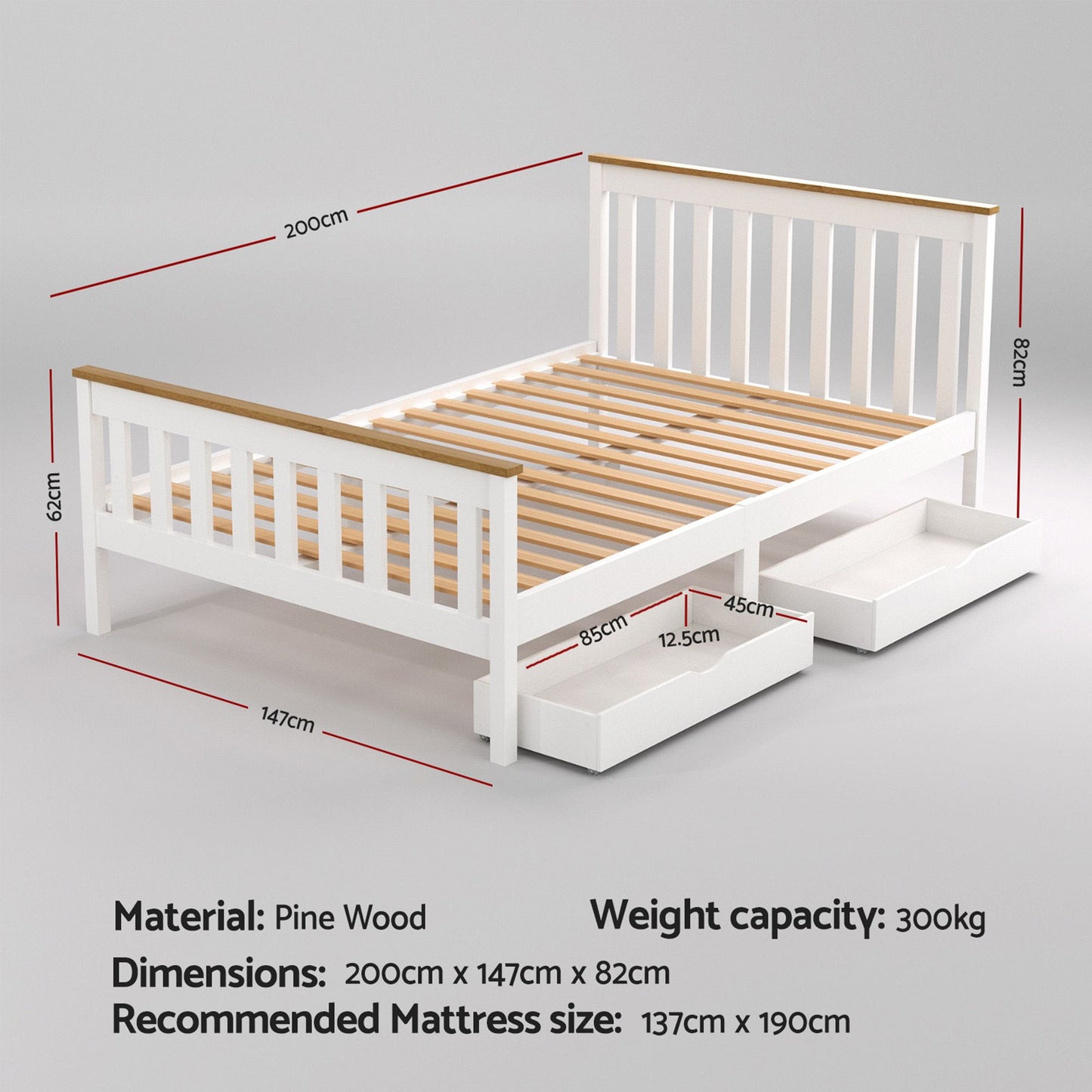 Bed Frame Double Size Wooden Platform with 2 Storage