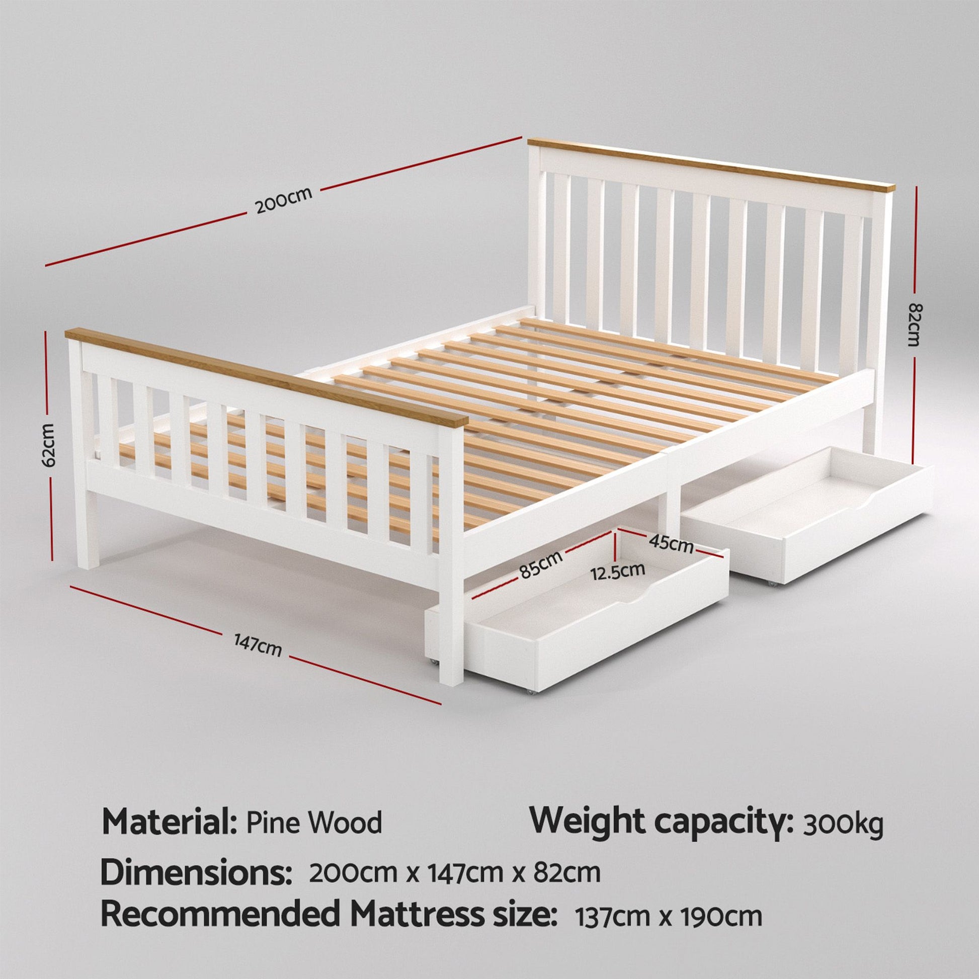 Bed Frame Double Size Wooden Platform with 2 Storage