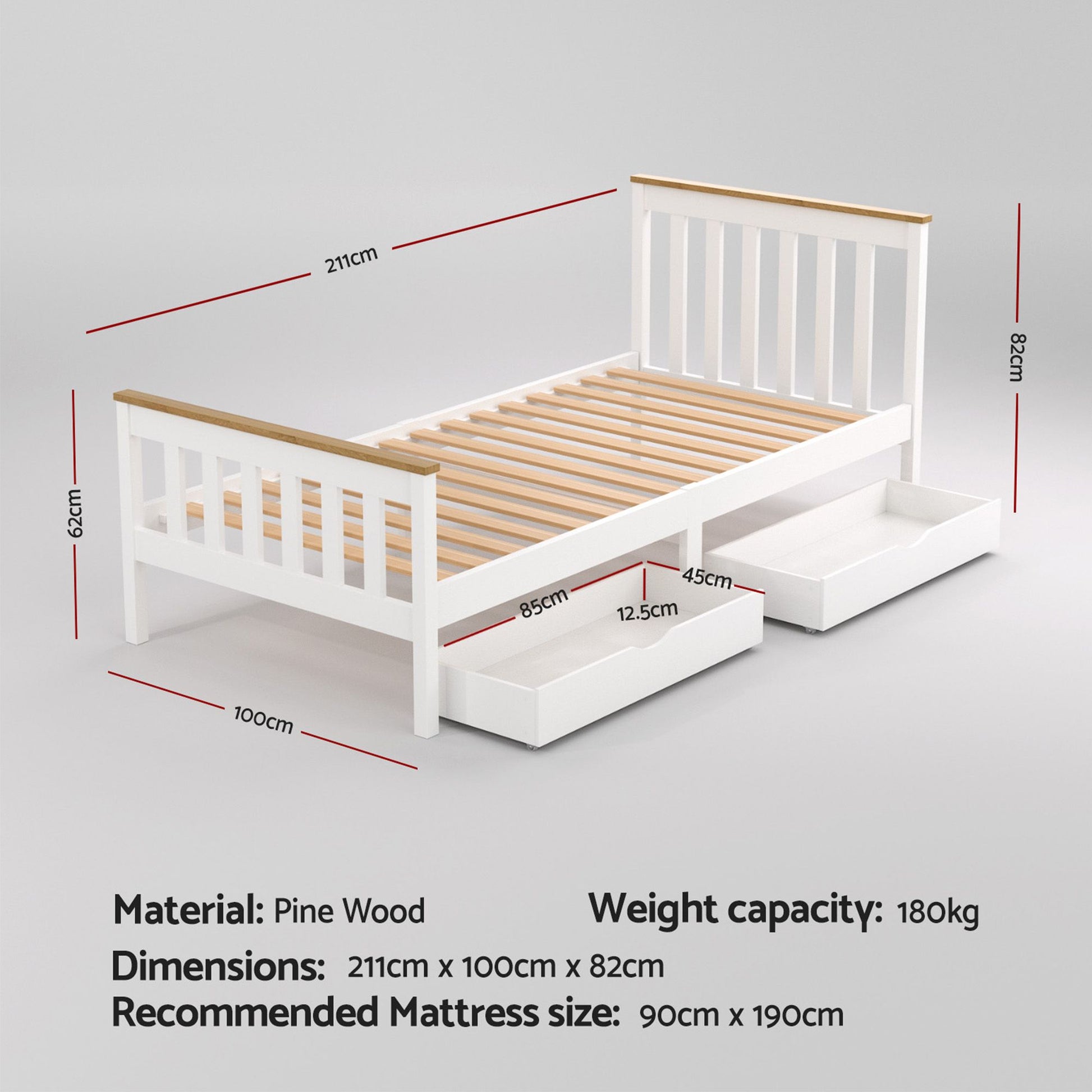 Bed Frame Single Size Wooden with Platform 2 Storage Drawers White