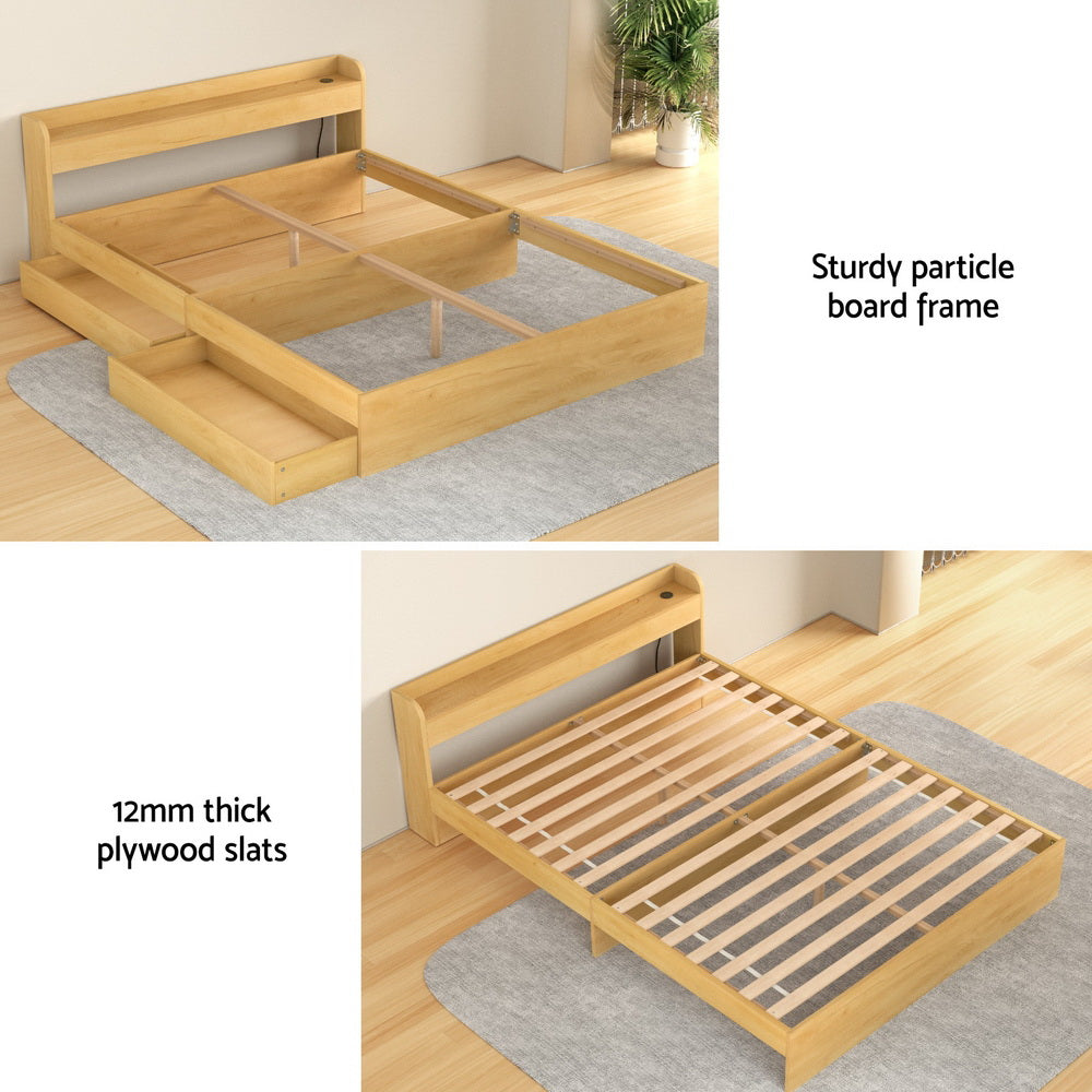Artiss Bed Frame Queen Size with Charging Ports and 2 Drawers AURA