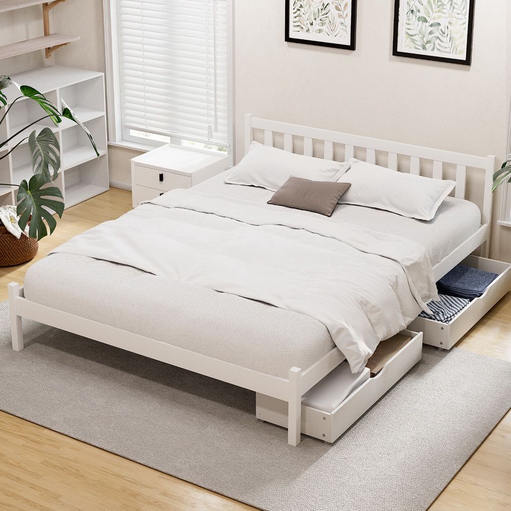 Double white wooden storage bed frame
