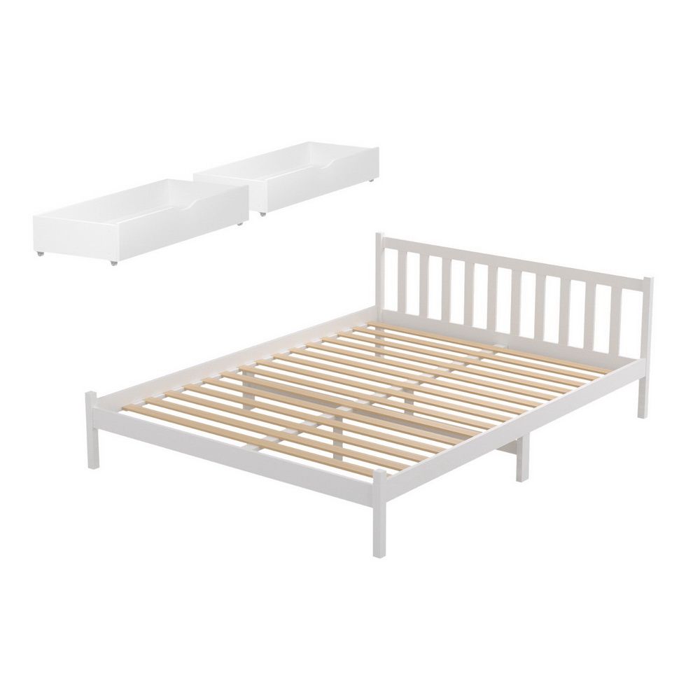 Bed Frame Double Size Wooden with Platform 2 Storage Drawers White