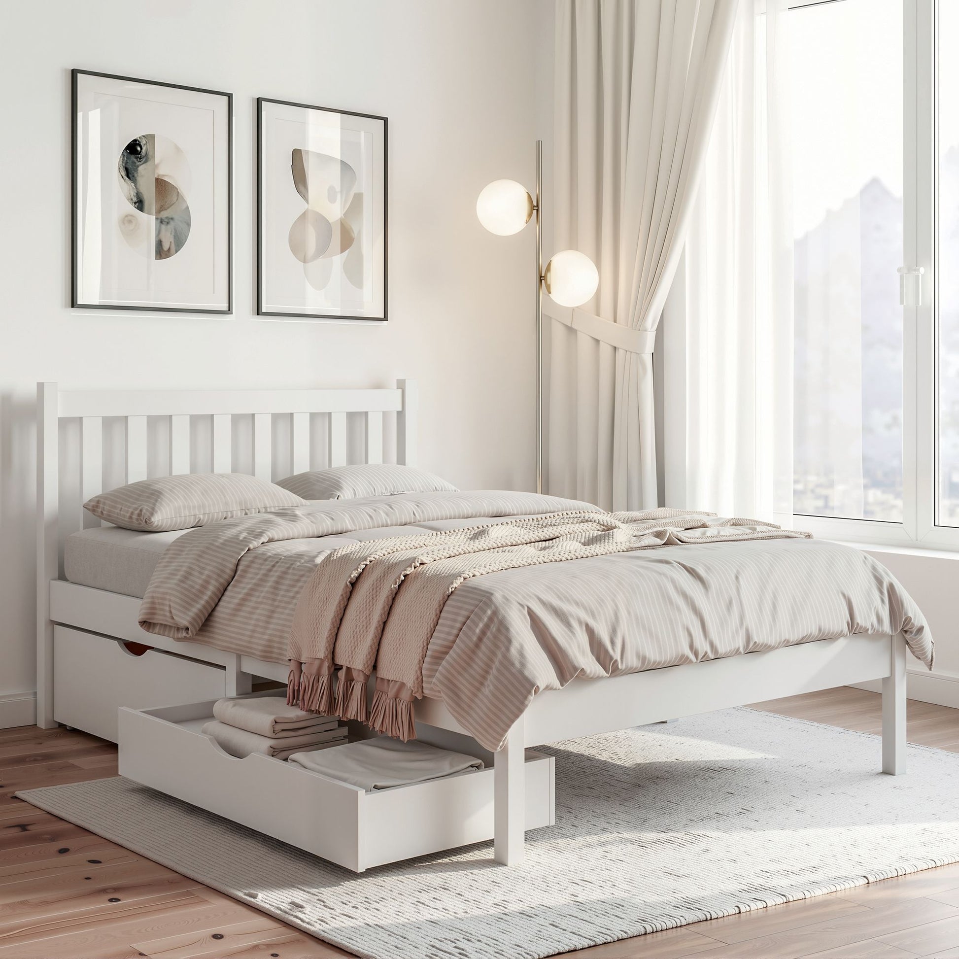 White wooden bed frame with storage base and upholstered headboard