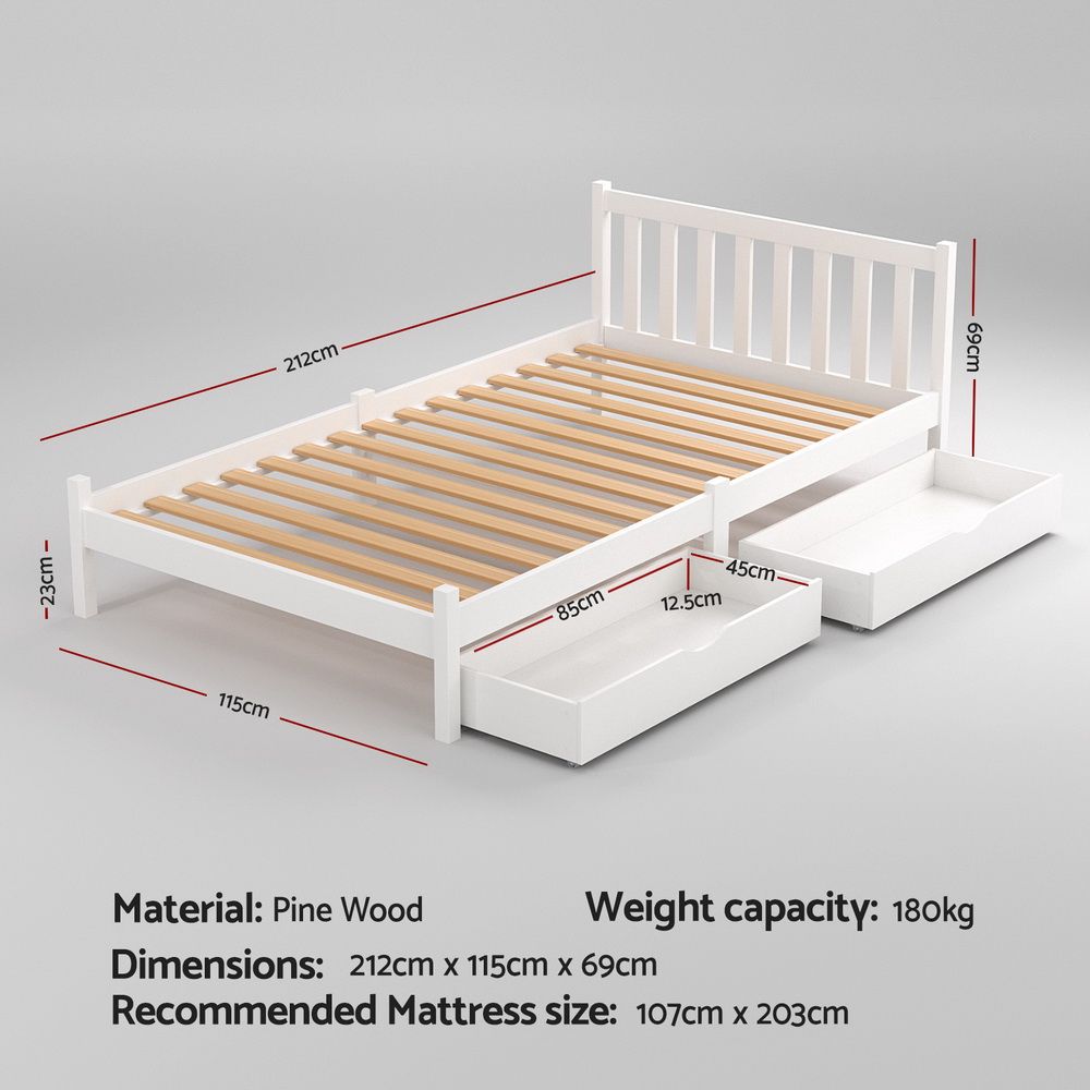 Bed Frame King Single Size with Wooden Platform 2 Storage Drawers