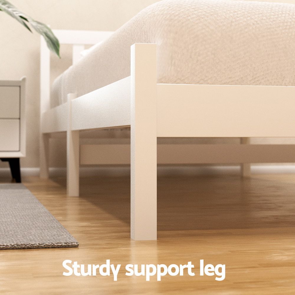 White wooden bed king single with material finish and practical fittings