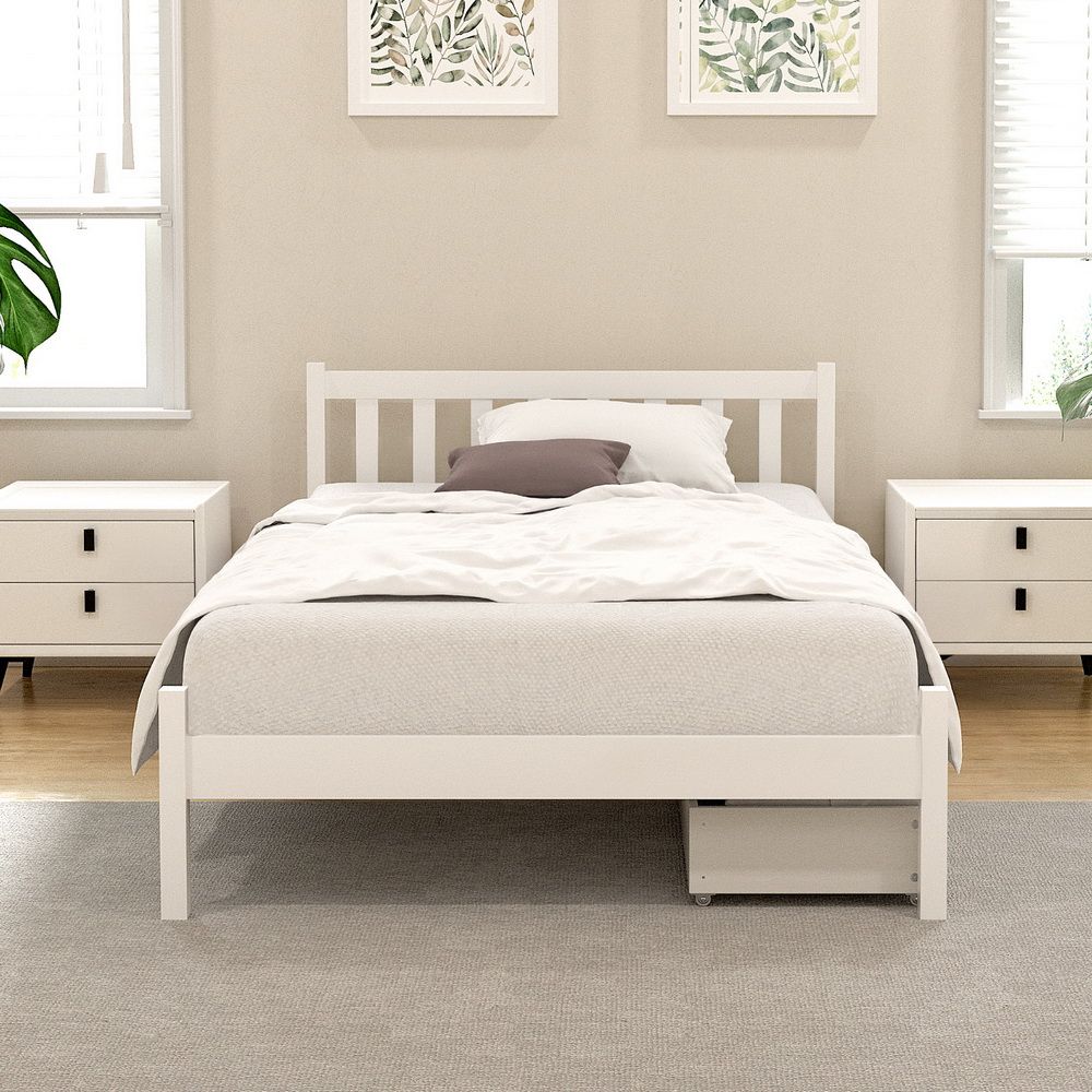 White wooden bed king single with pack contents and accessory layout