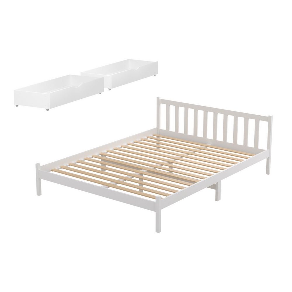 Bed Frame Queen Size Wooden with Platform 2 Storage Drawers White