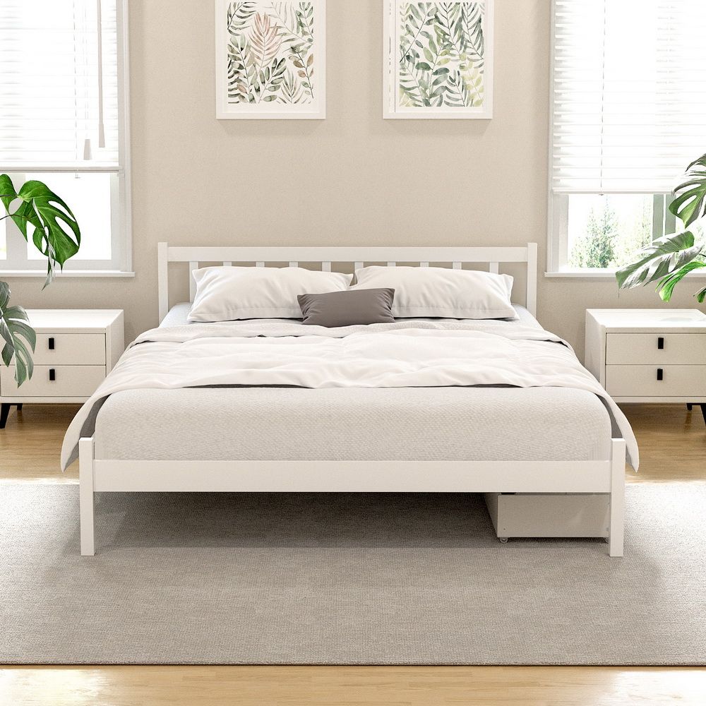 Size Wooden Platform 2 Storage Drawers White Draw Bed Frame Queen