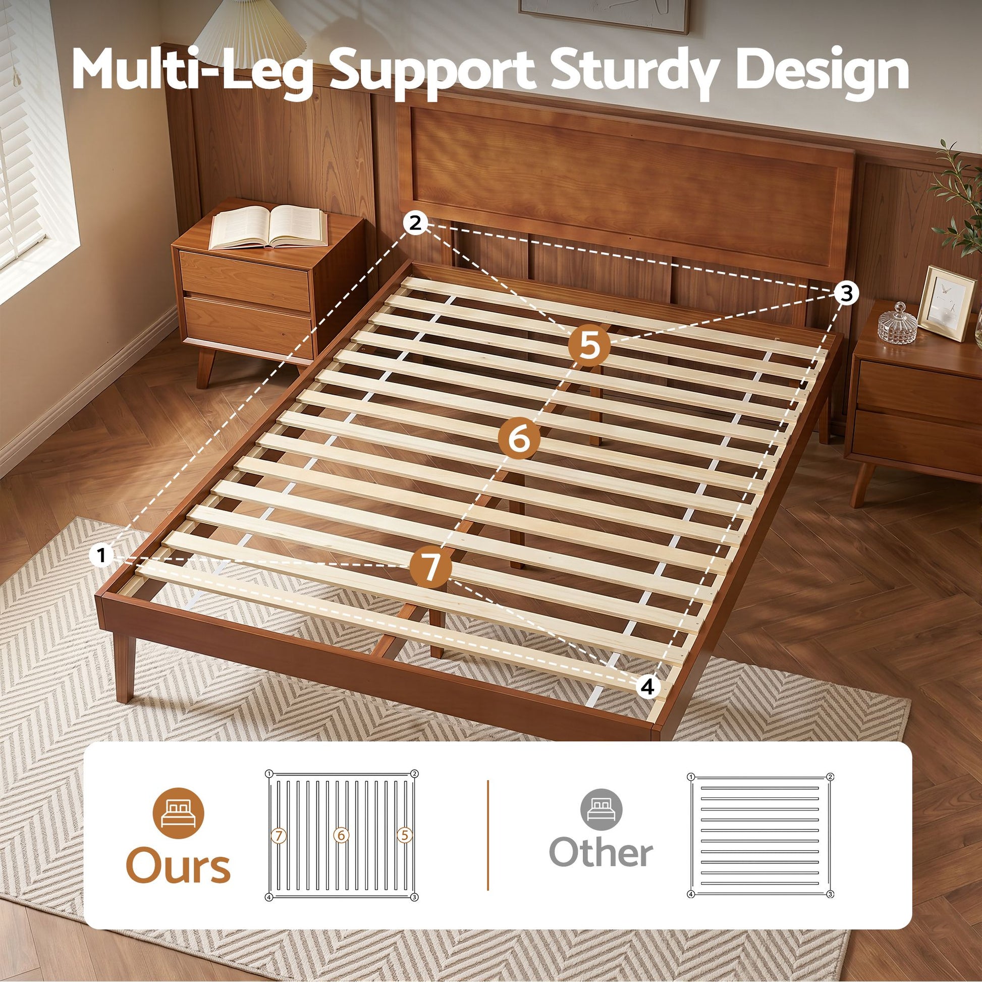Bed Frame Queen Size Wooden Bed Base Walnut Splay