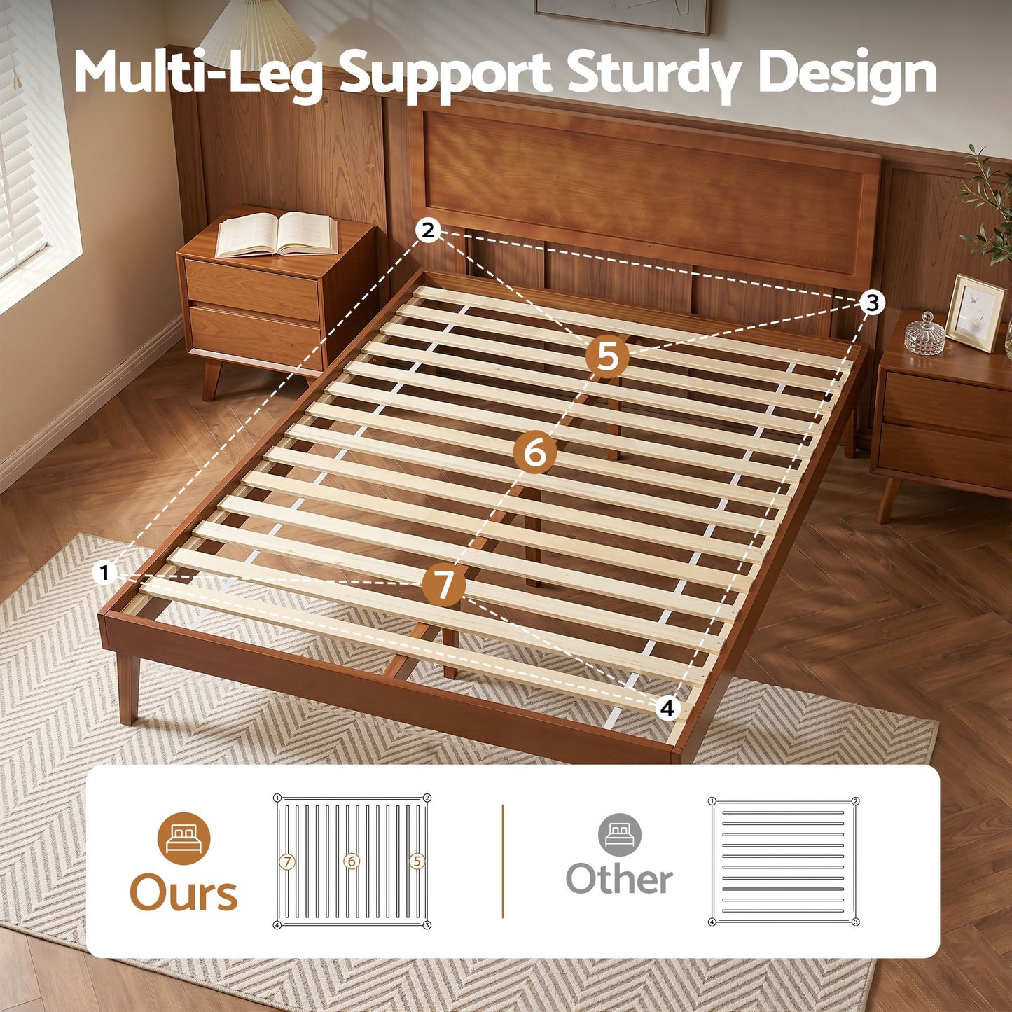 Bed Frame Single Size Wooden Bed Base - Walnut SPLAY
