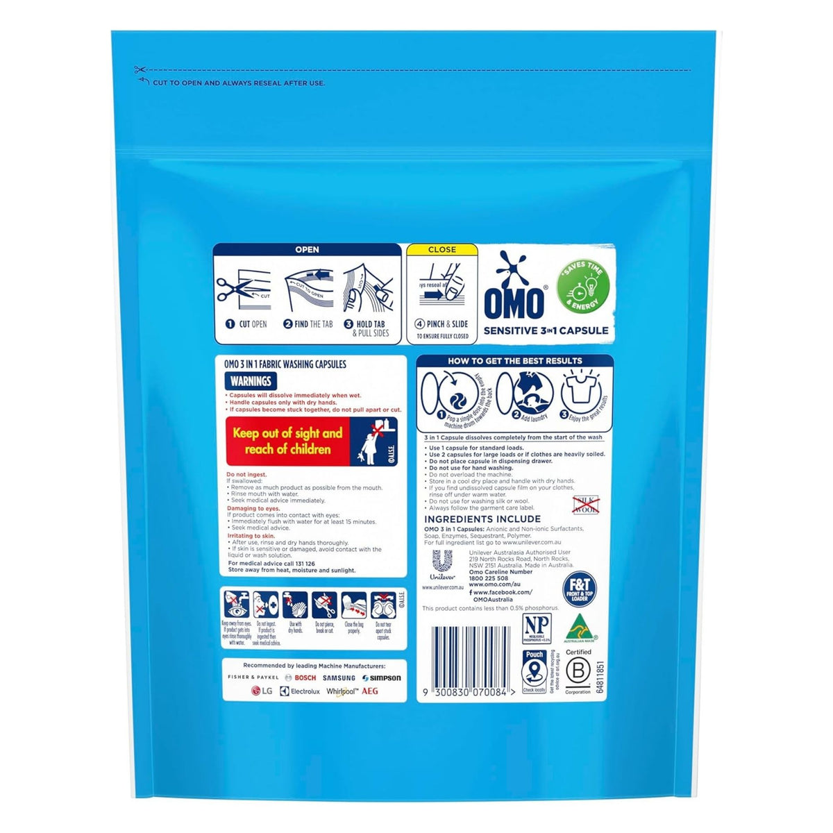 OMO 3in1 Sensitive Fragrance Free x 60 Laundry Capsules