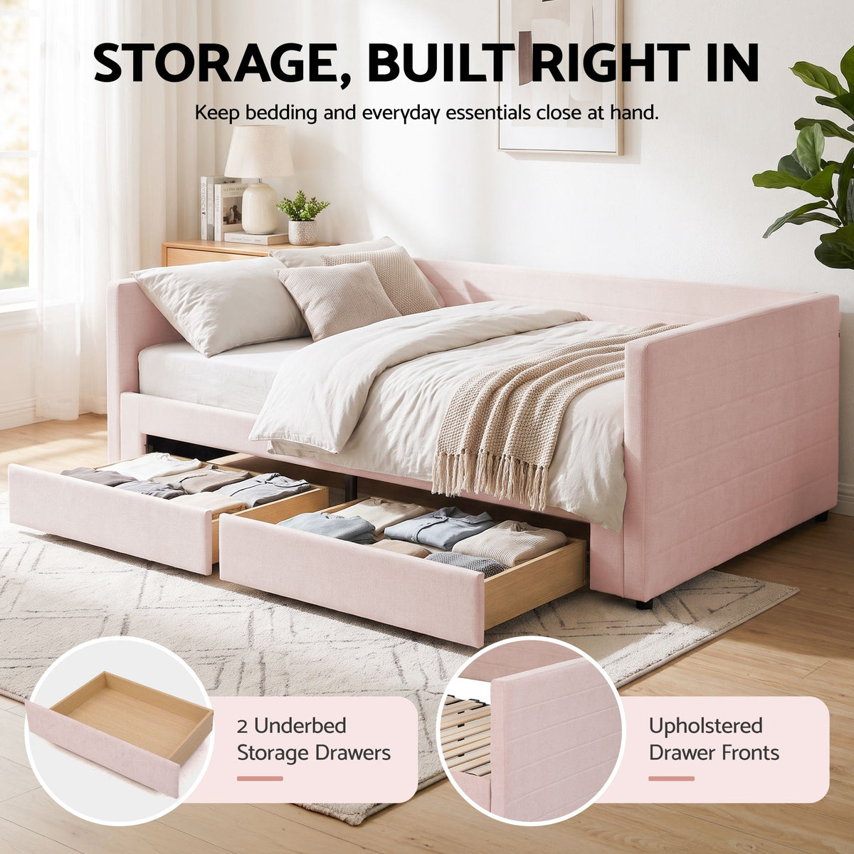 Artiss King Single Extendable Daybed with 2 Storage Drawers and USB, Pink