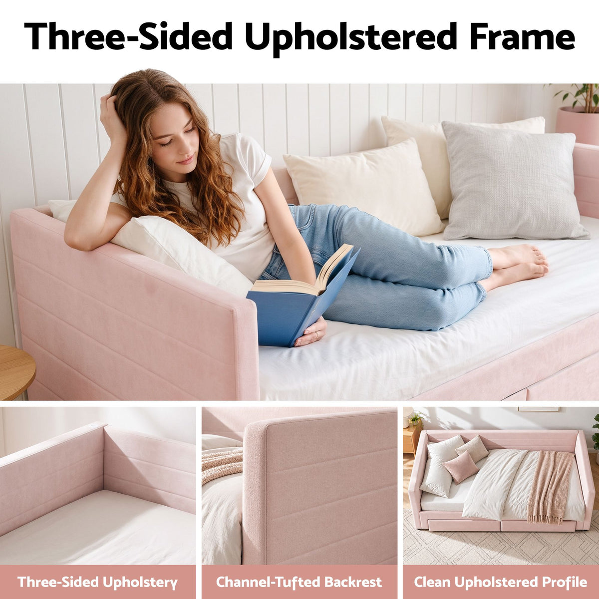Artiss King Single Extendable Daybed with 2 Storage Drawers and USB, Pink