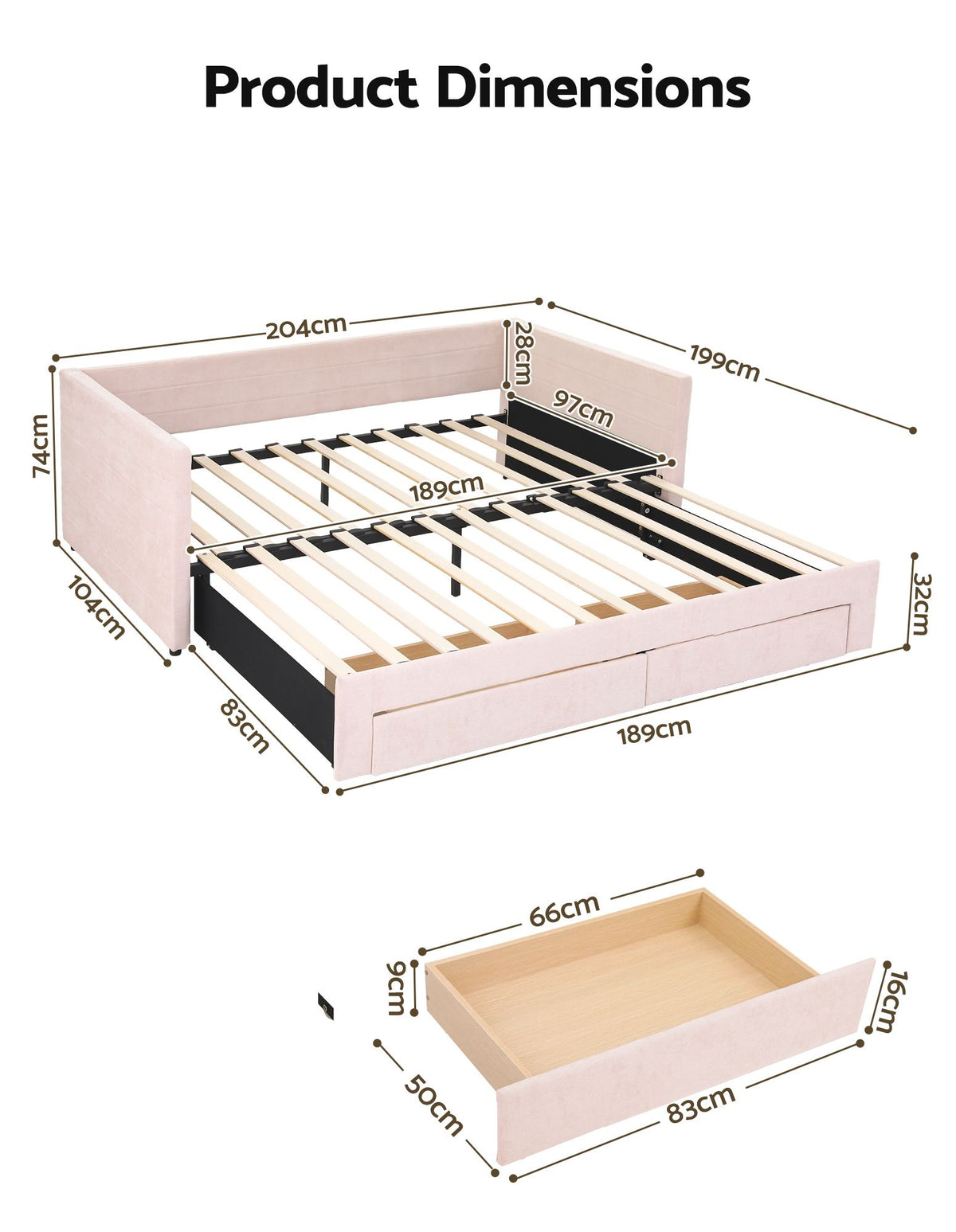 Artiss Single Extendable Daybed with 2 Storage Drawers, Pink