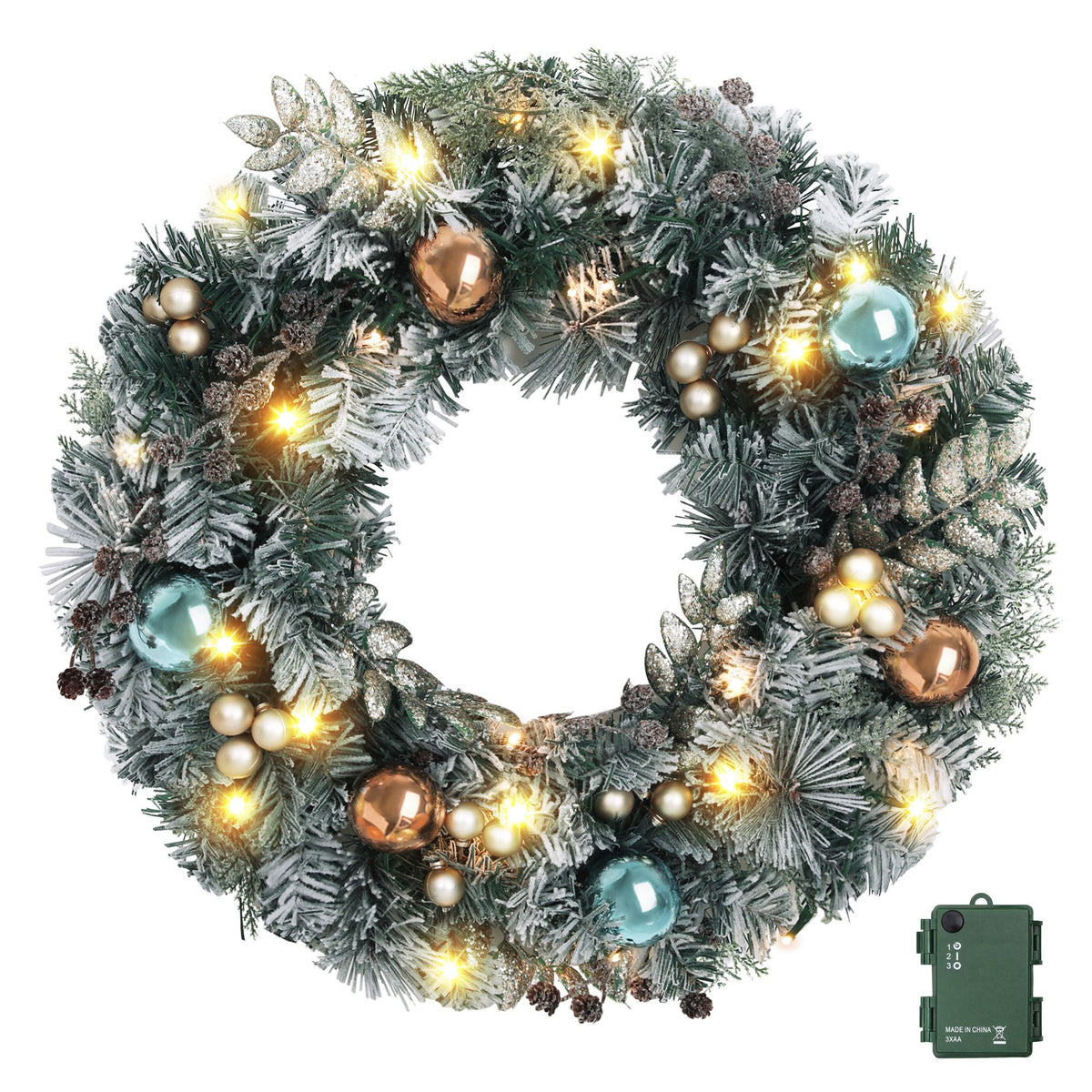 Christmas Wreath 60CM with LED Lights Snowy Garland for Xmas Decor