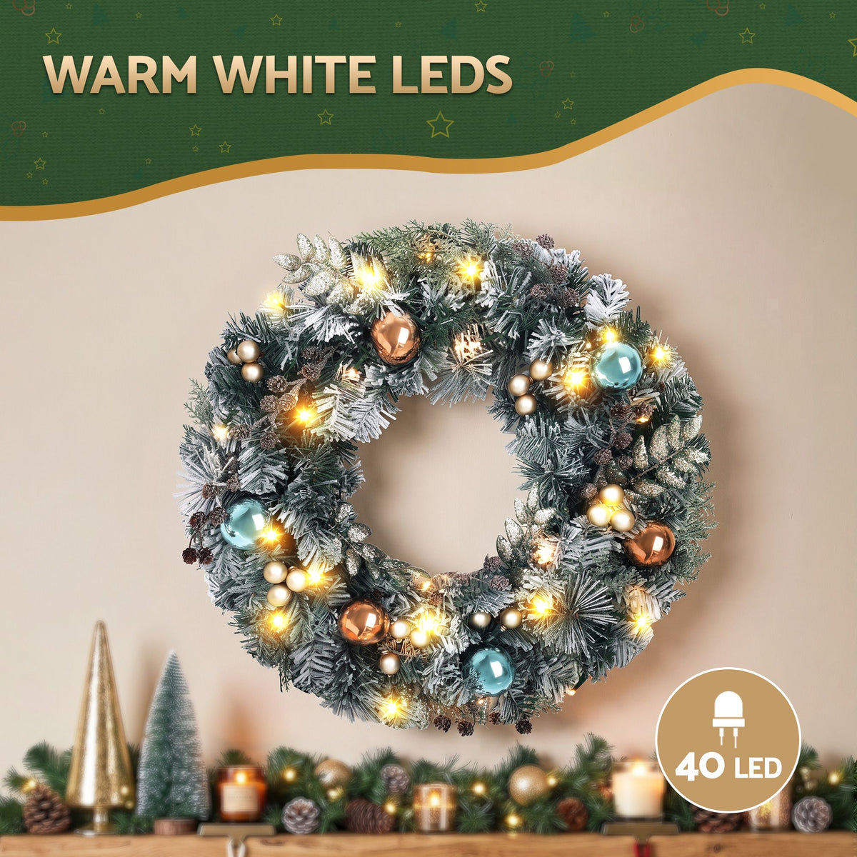 Christmas Wreath 60CM with LED Lights Snowy Garland for Xmas Decor
